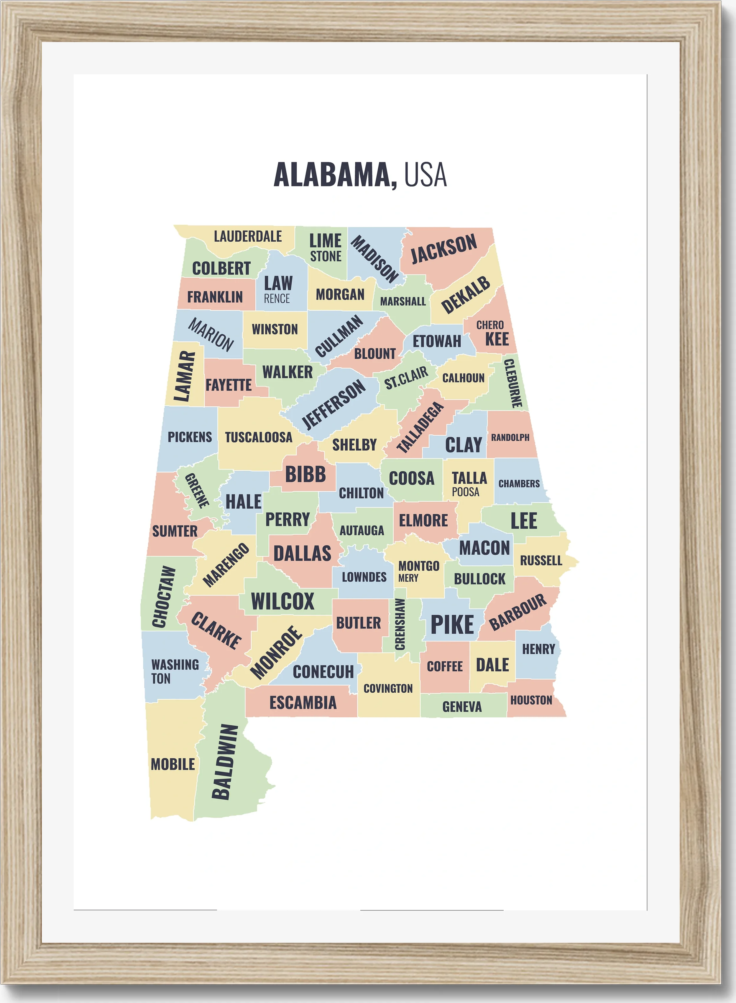 County map of Alabama, all 67 counties named
