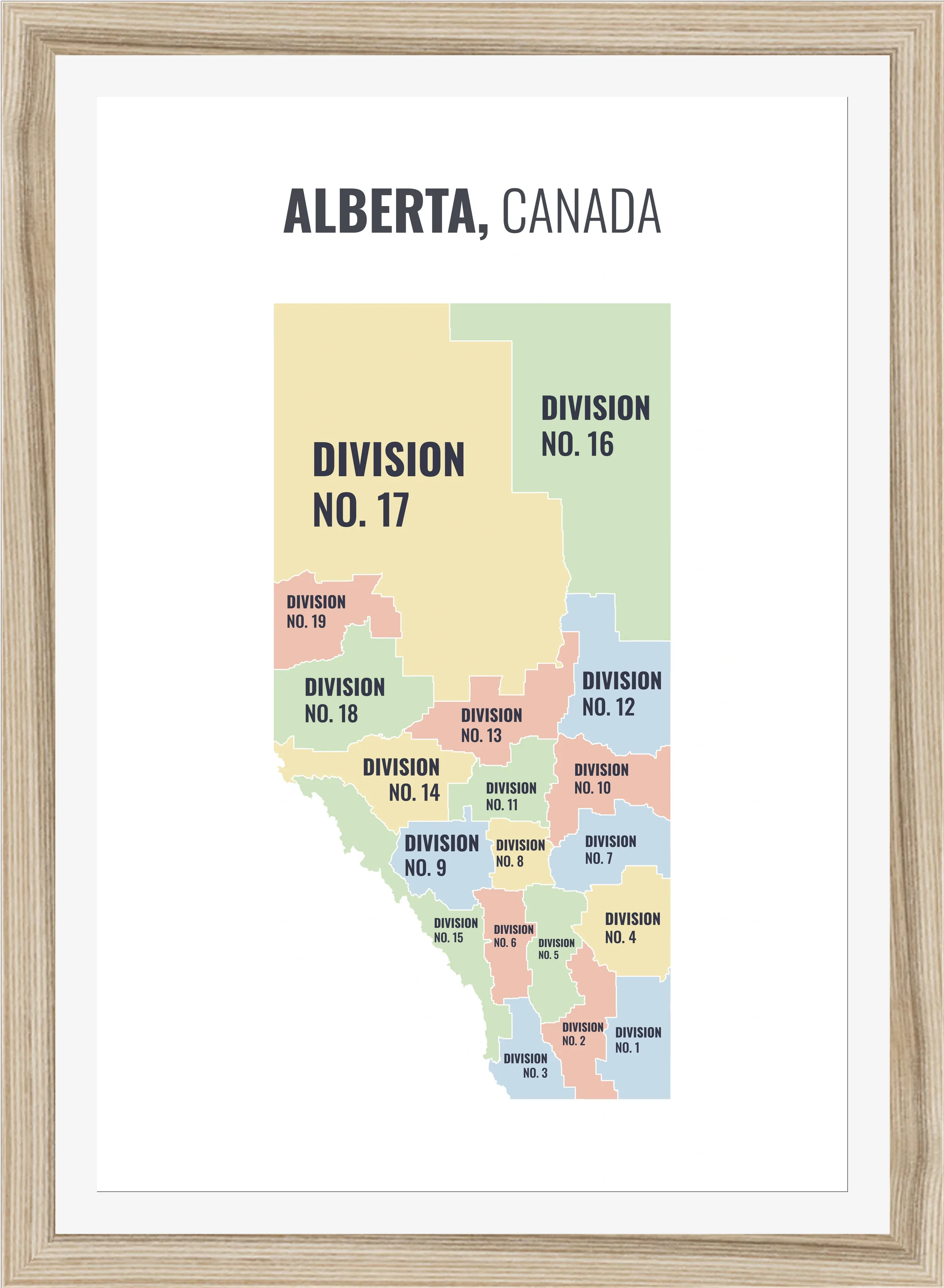 Census division map of Alberta, all 19 census divisions named