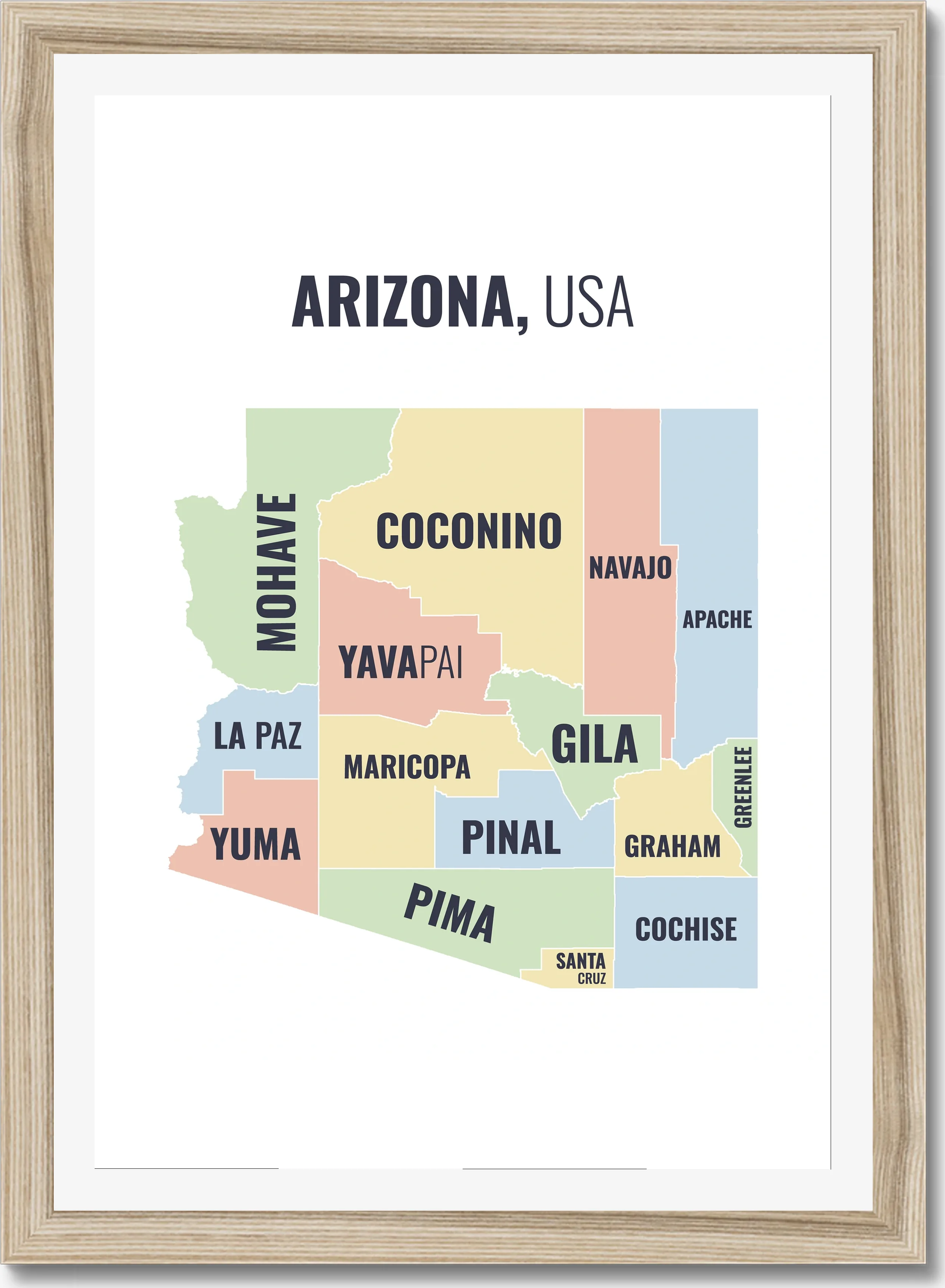 County map of Arizona, all 15 counties named