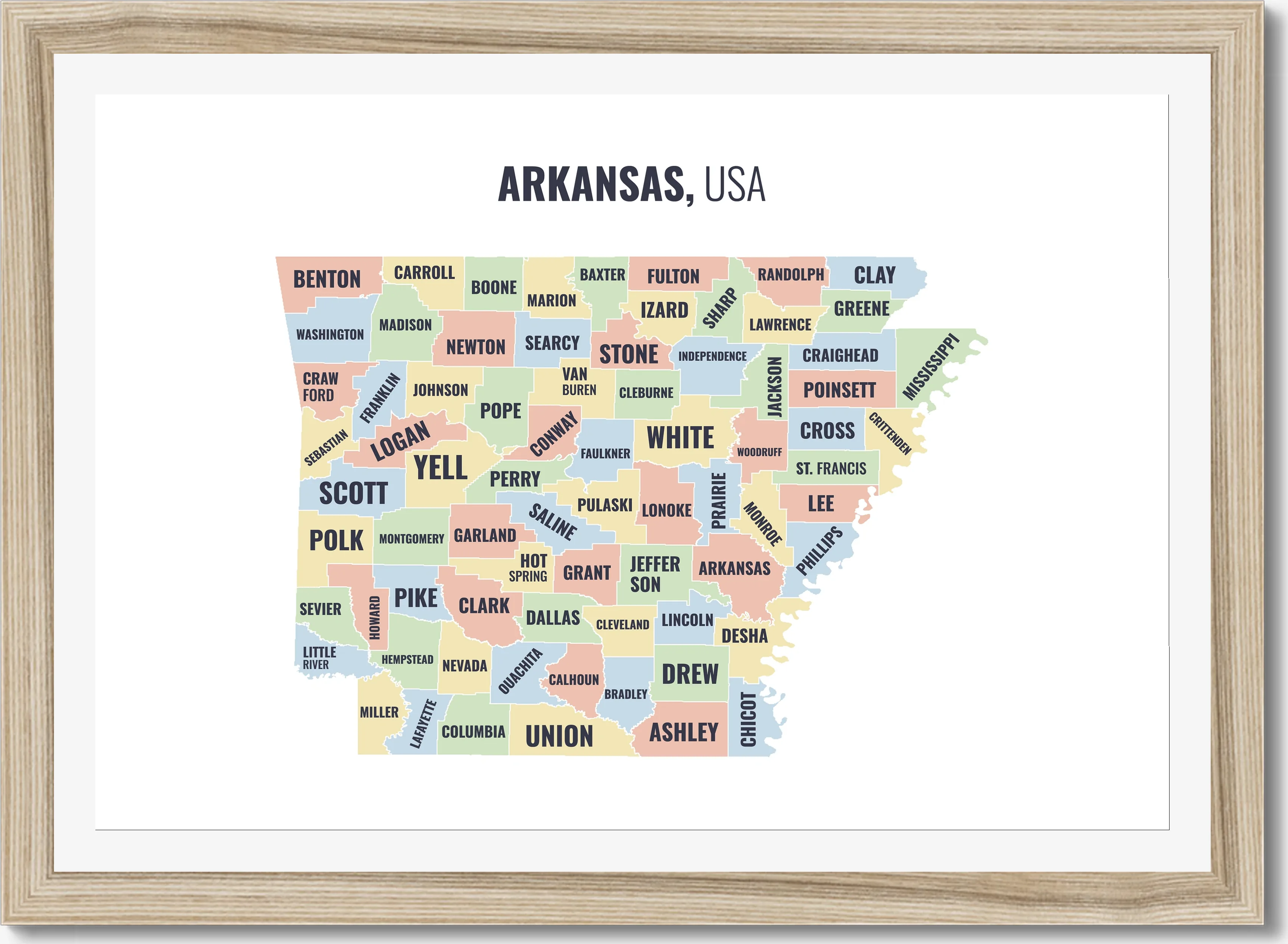County map of Arkansas, all 75 counties named