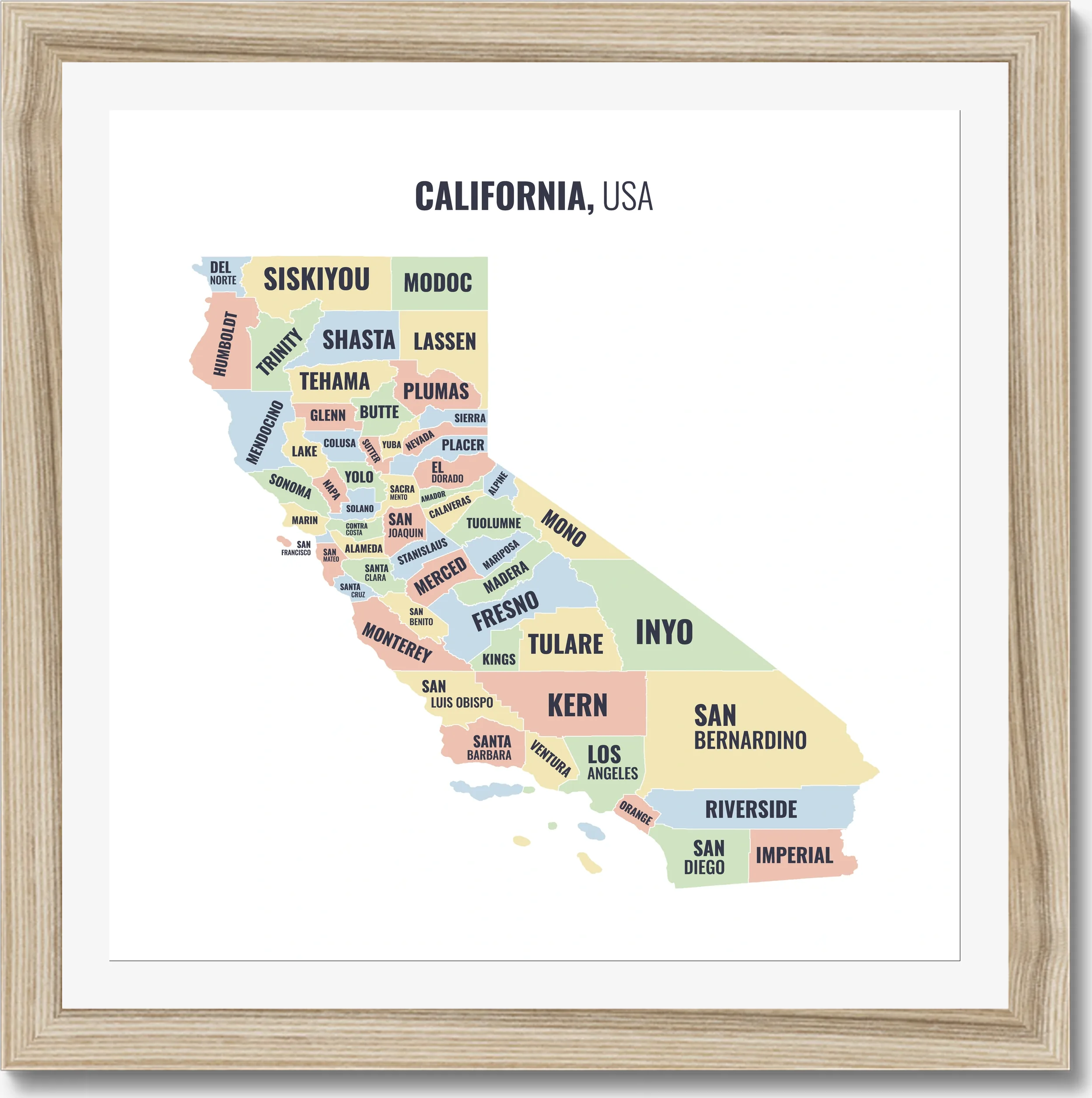 County map of California, all 58 counties named