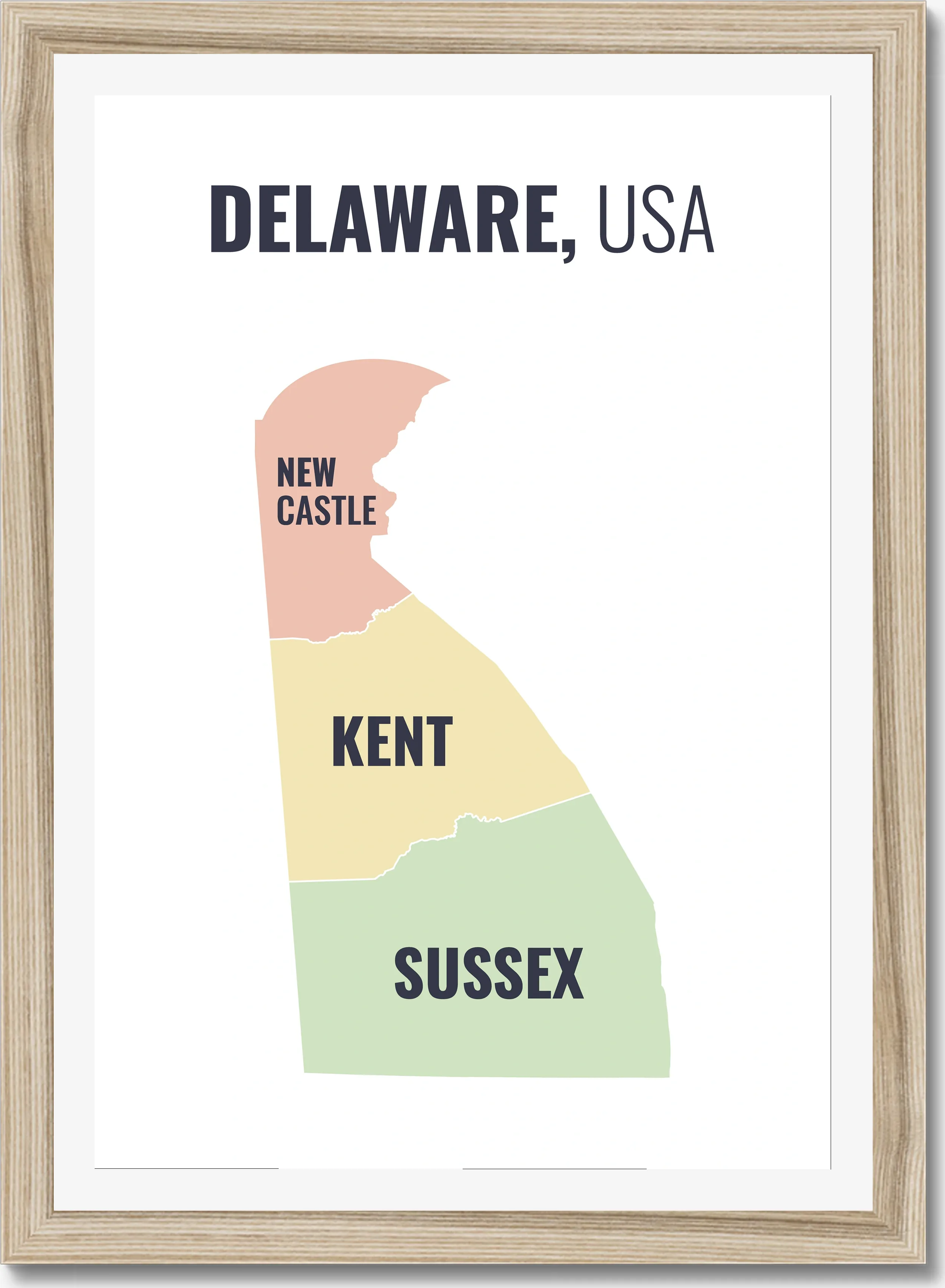 County map of Delaware, all 3 counties named