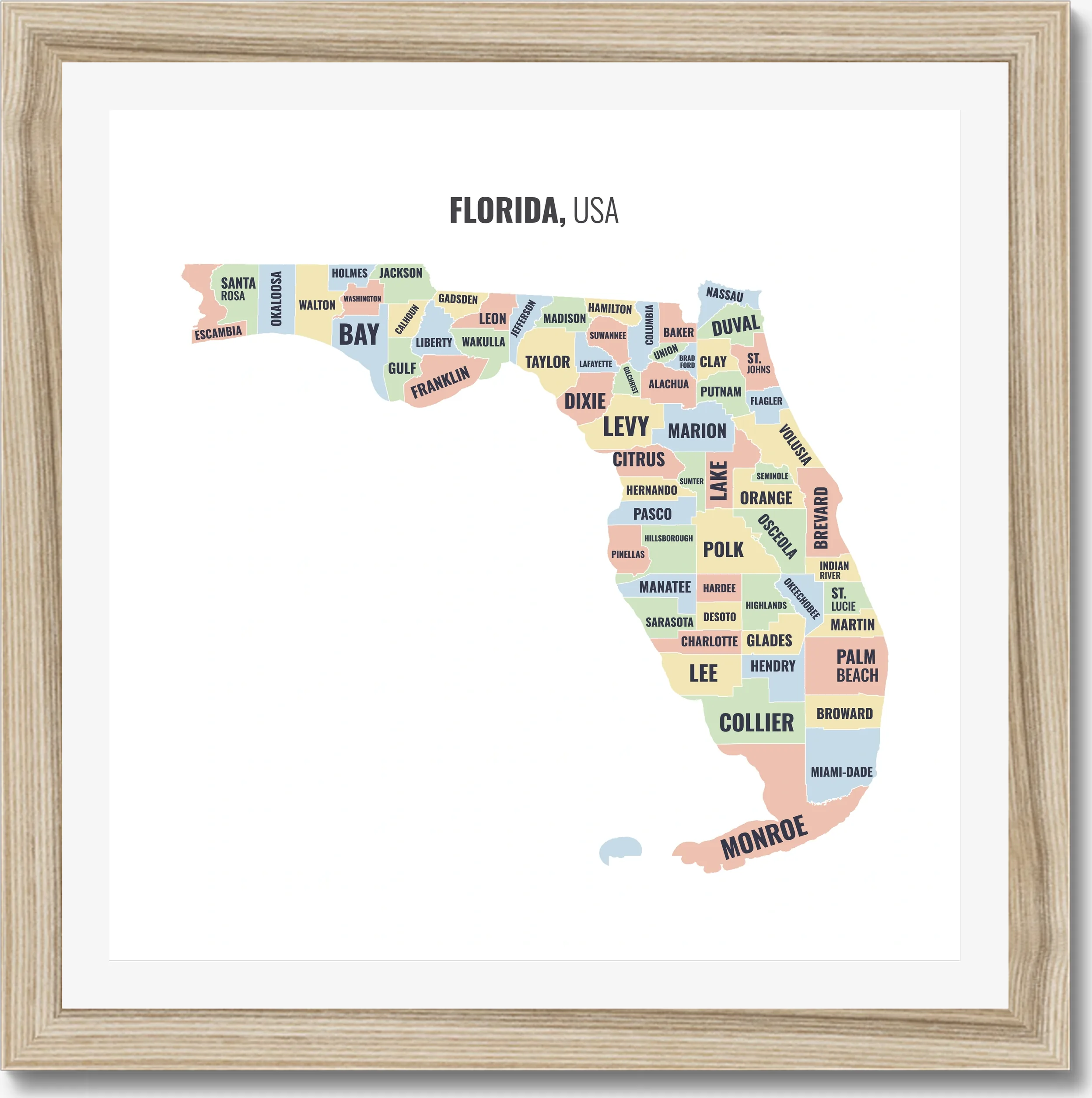 County map of Florida, all 67 counties named