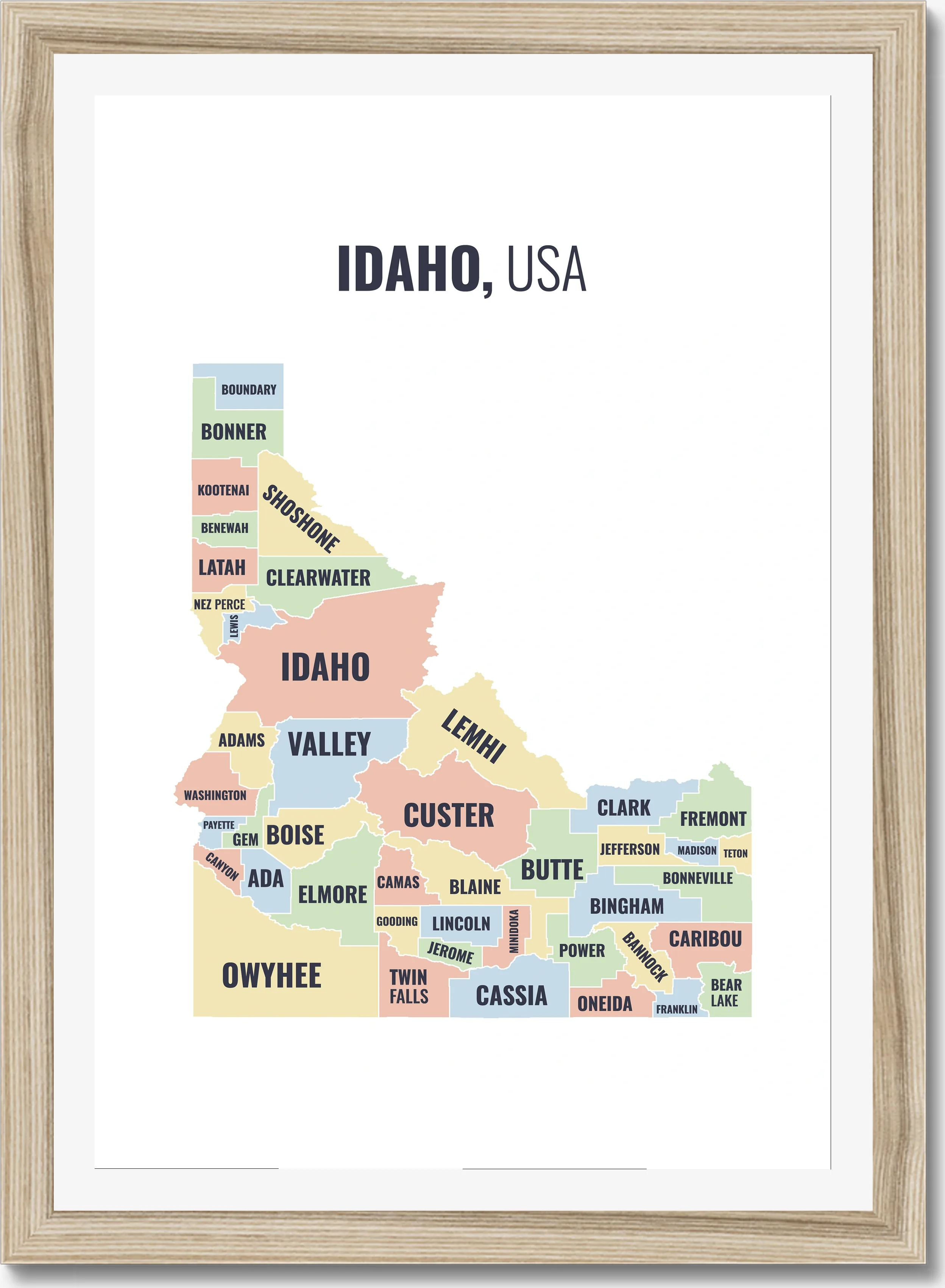 County map of Idaho, all 44 counties named