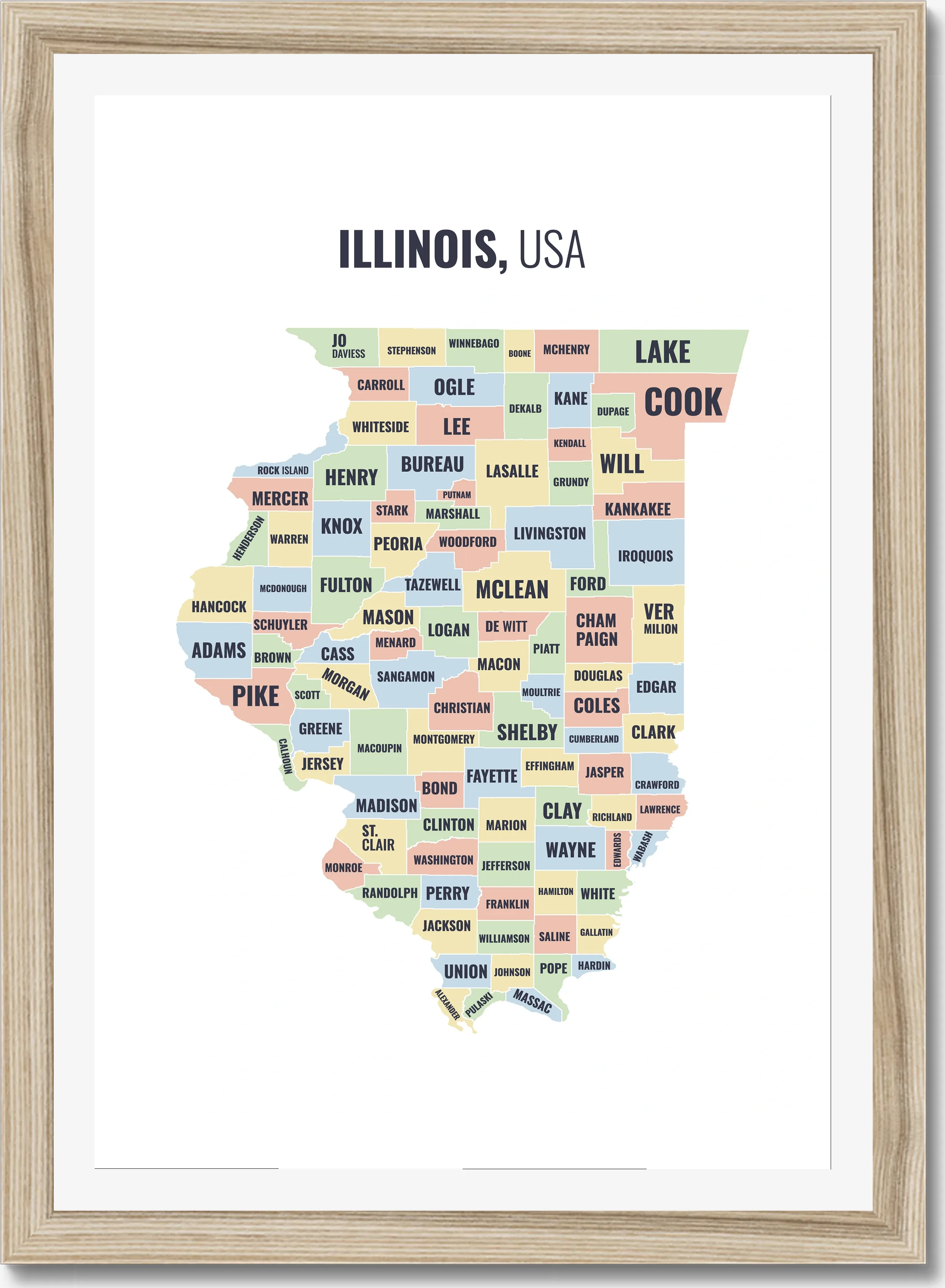 County map of Illinois, all 102 counties named