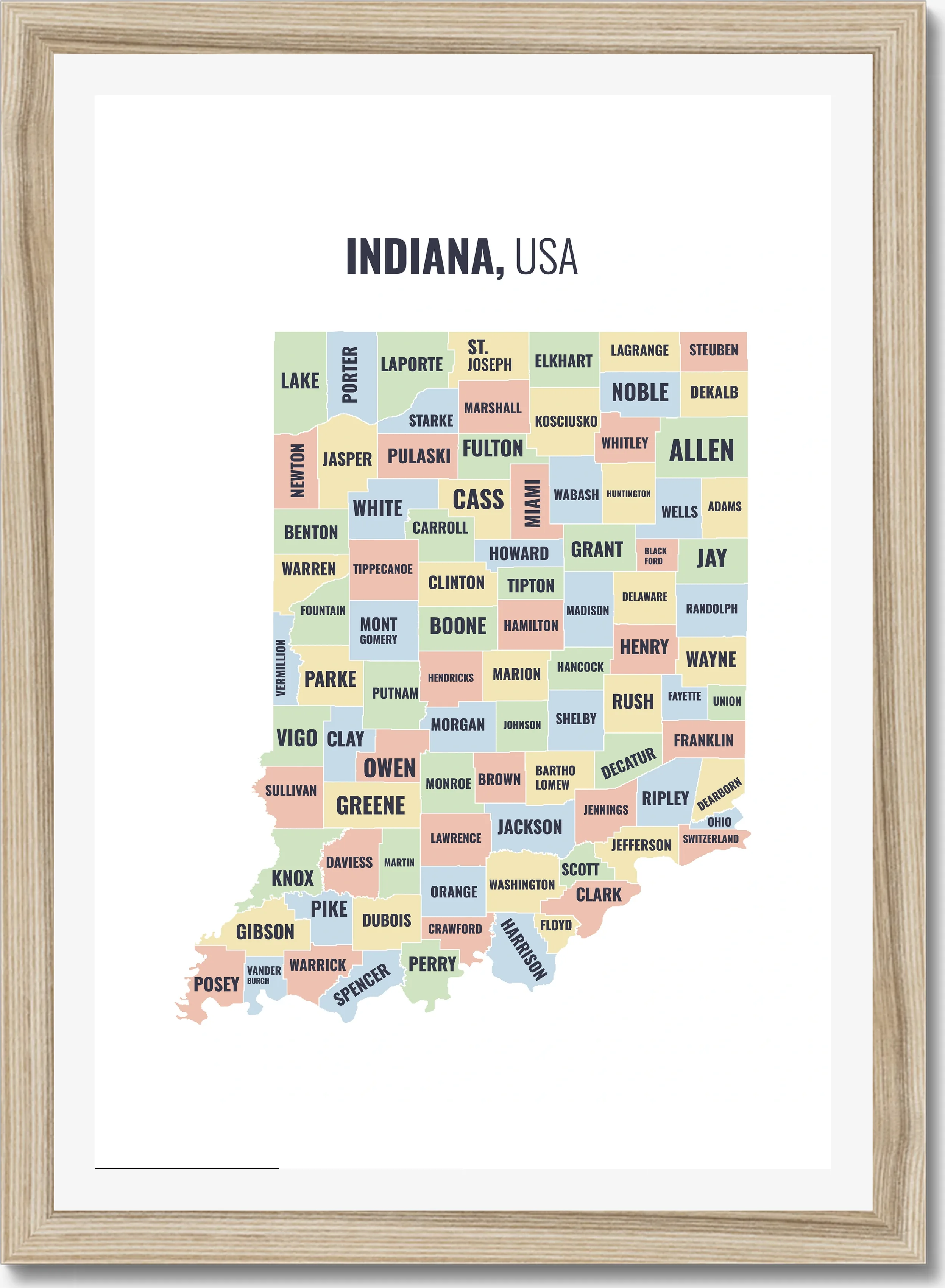 County map of Indiana, all 92 counties named