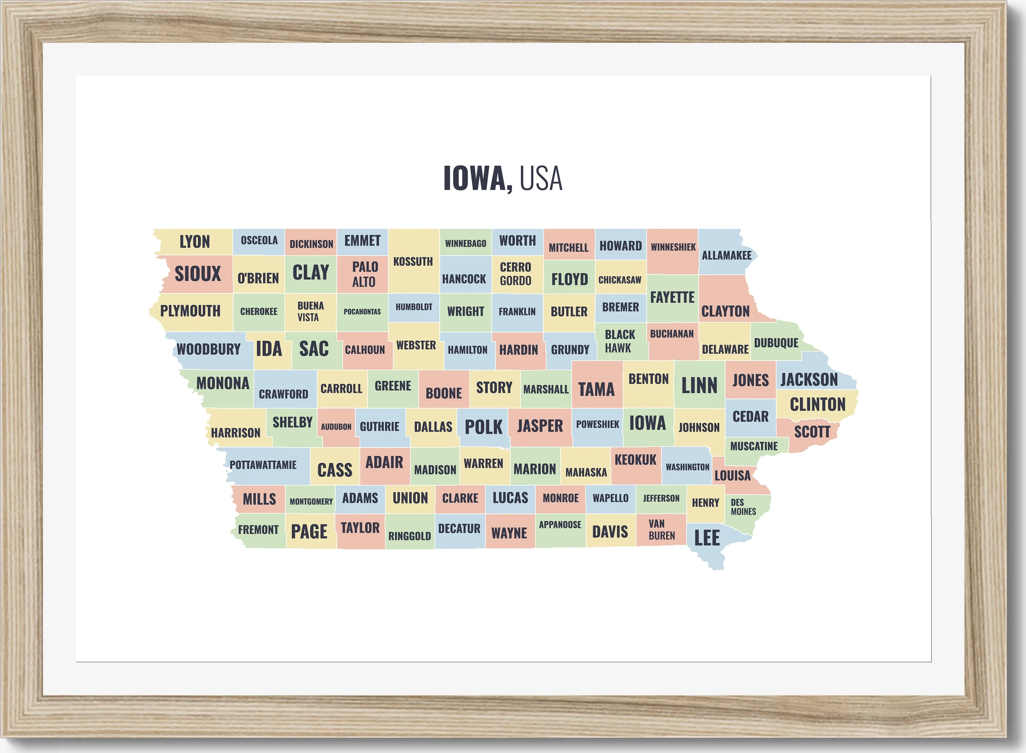 County map of Iowa, all 99 counties named