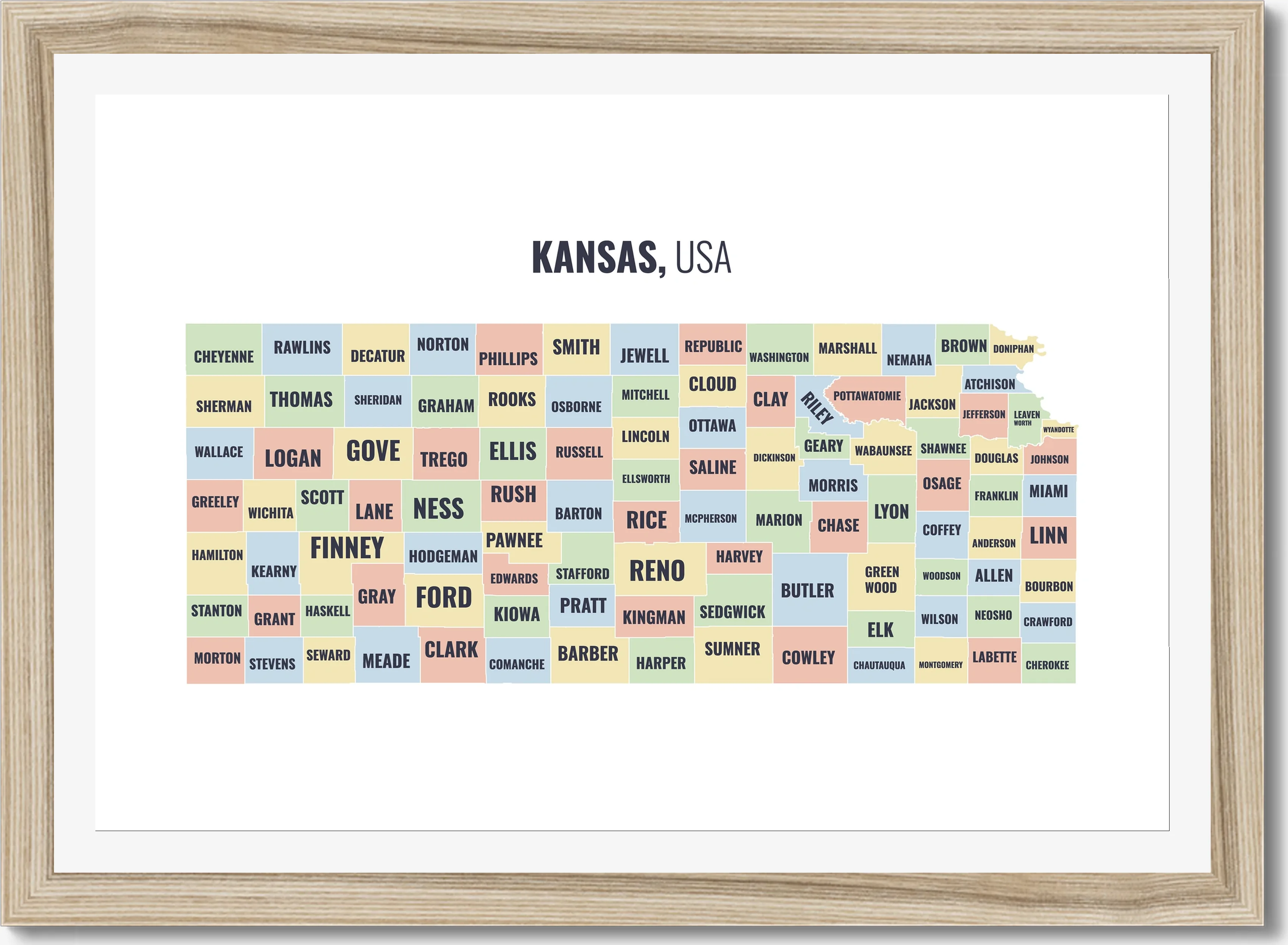 County map of Kansas, all 105 counties named
