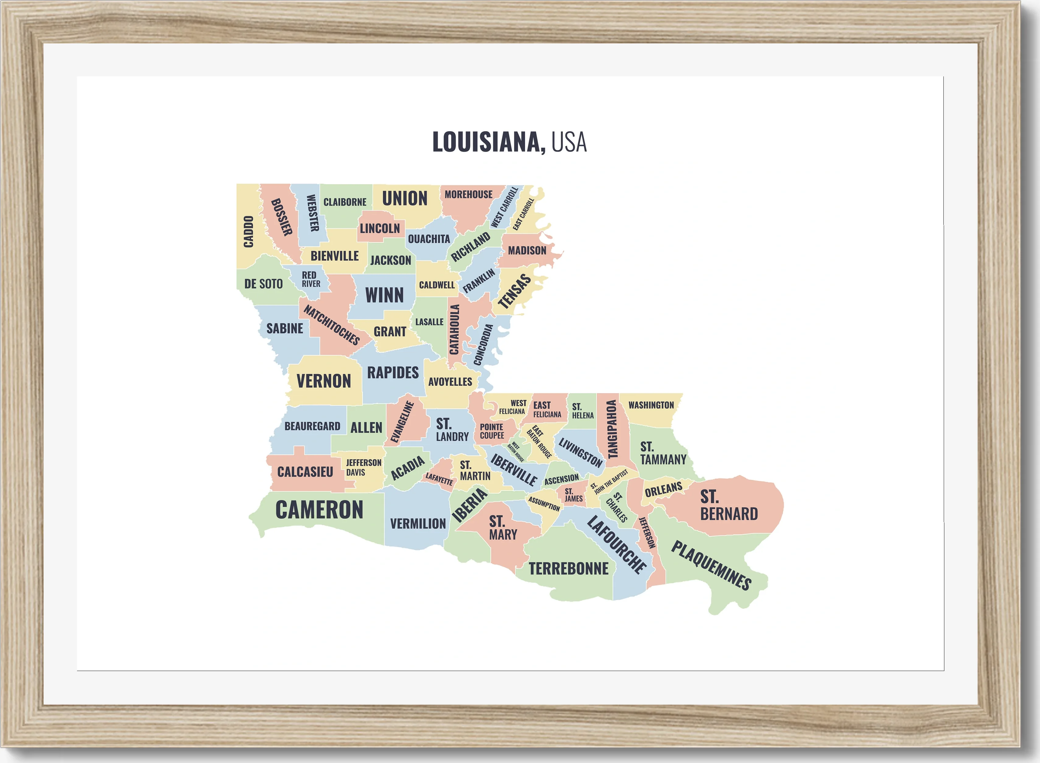 Parish map of Louisiana, all 64 parishes named