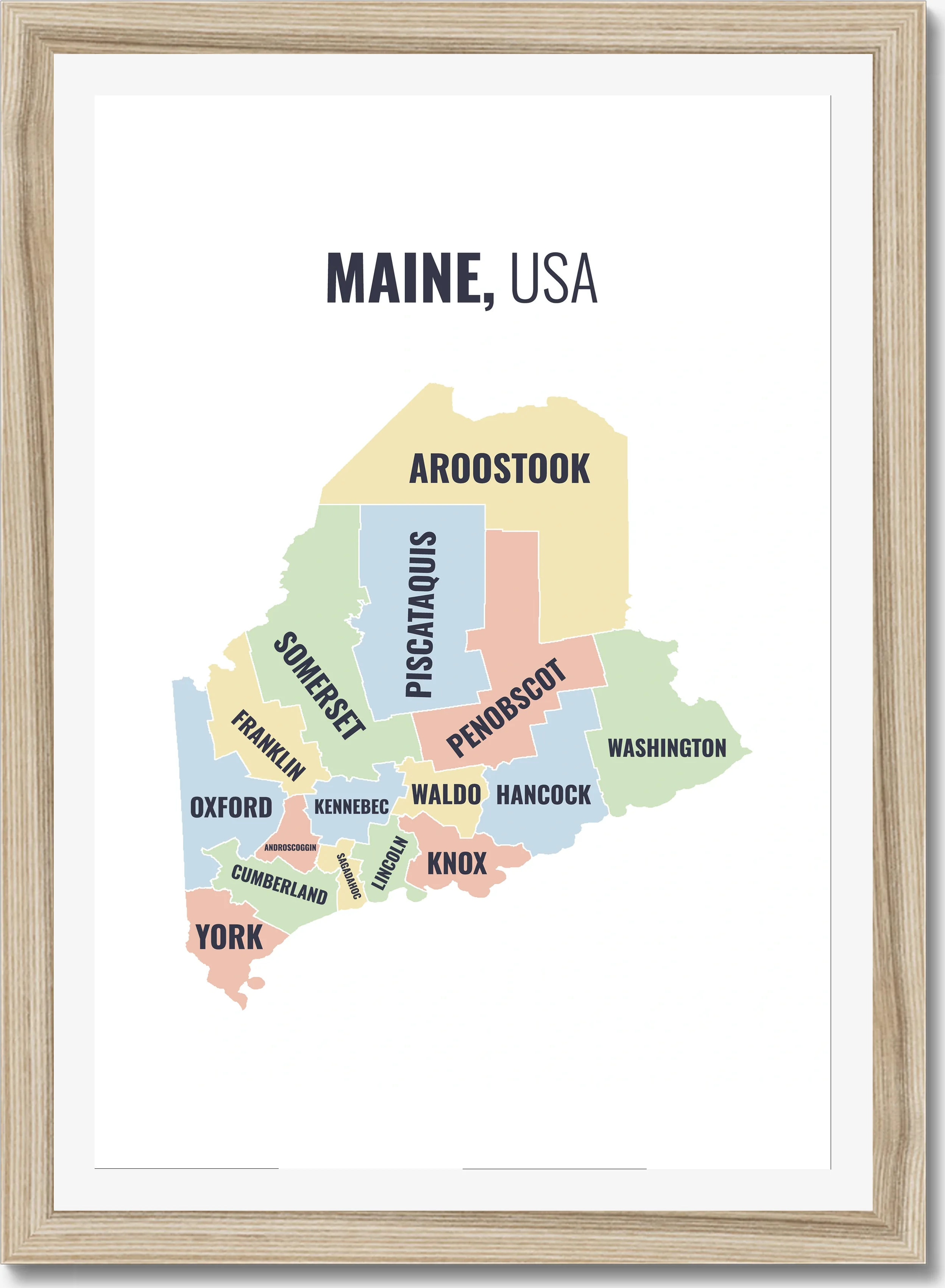 County map of Maine, all 16 counties named