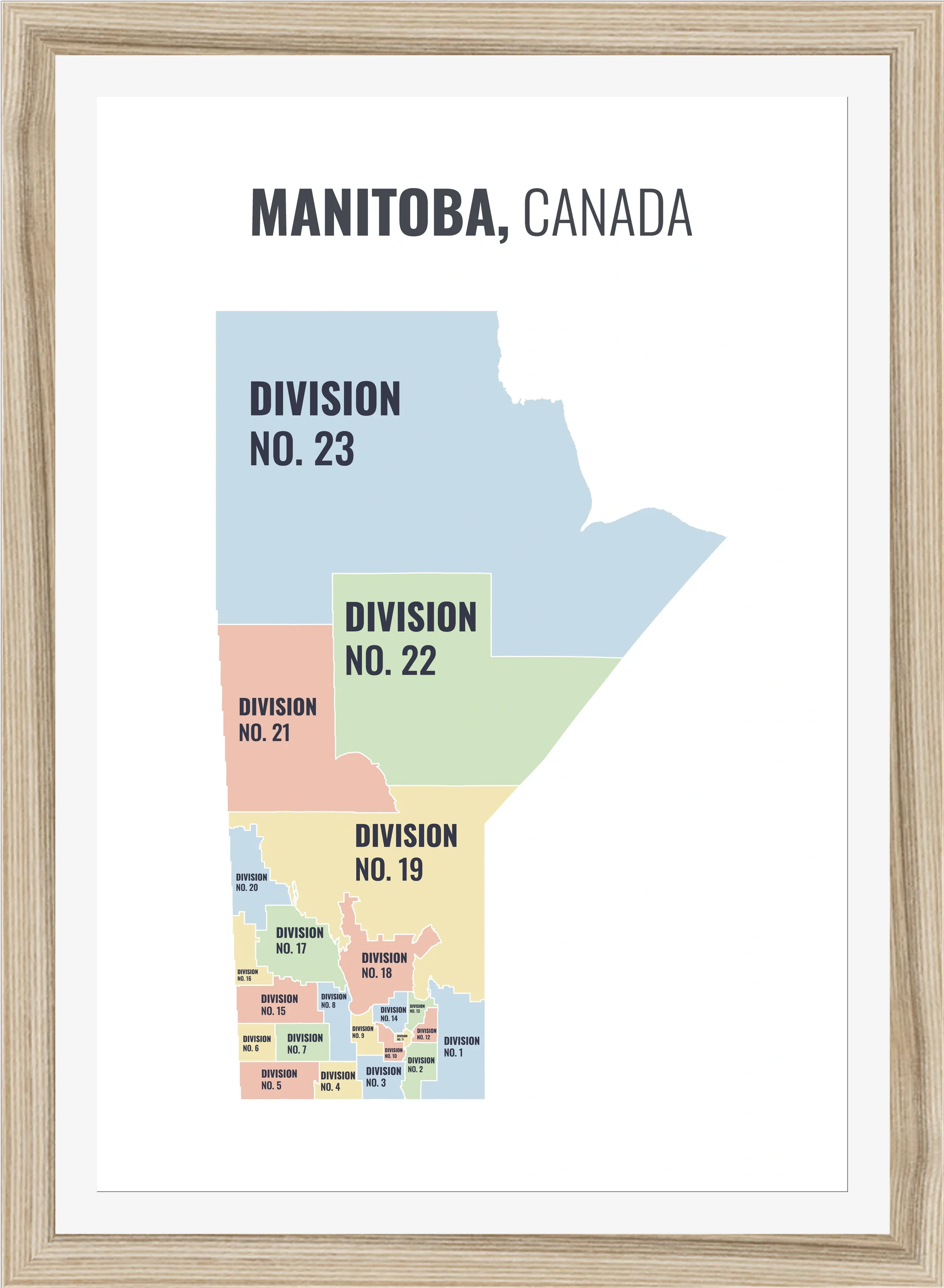 Census division map of Manitoba, all 23 census divisions named