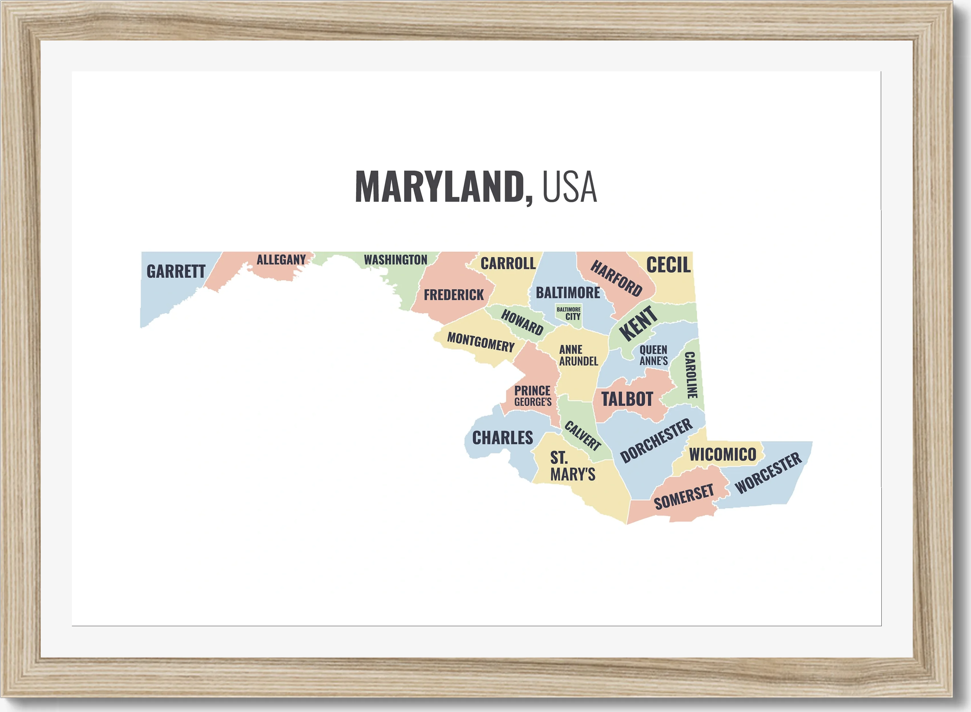 Region map of Maryland, all 23 regions and Baltimore city named
