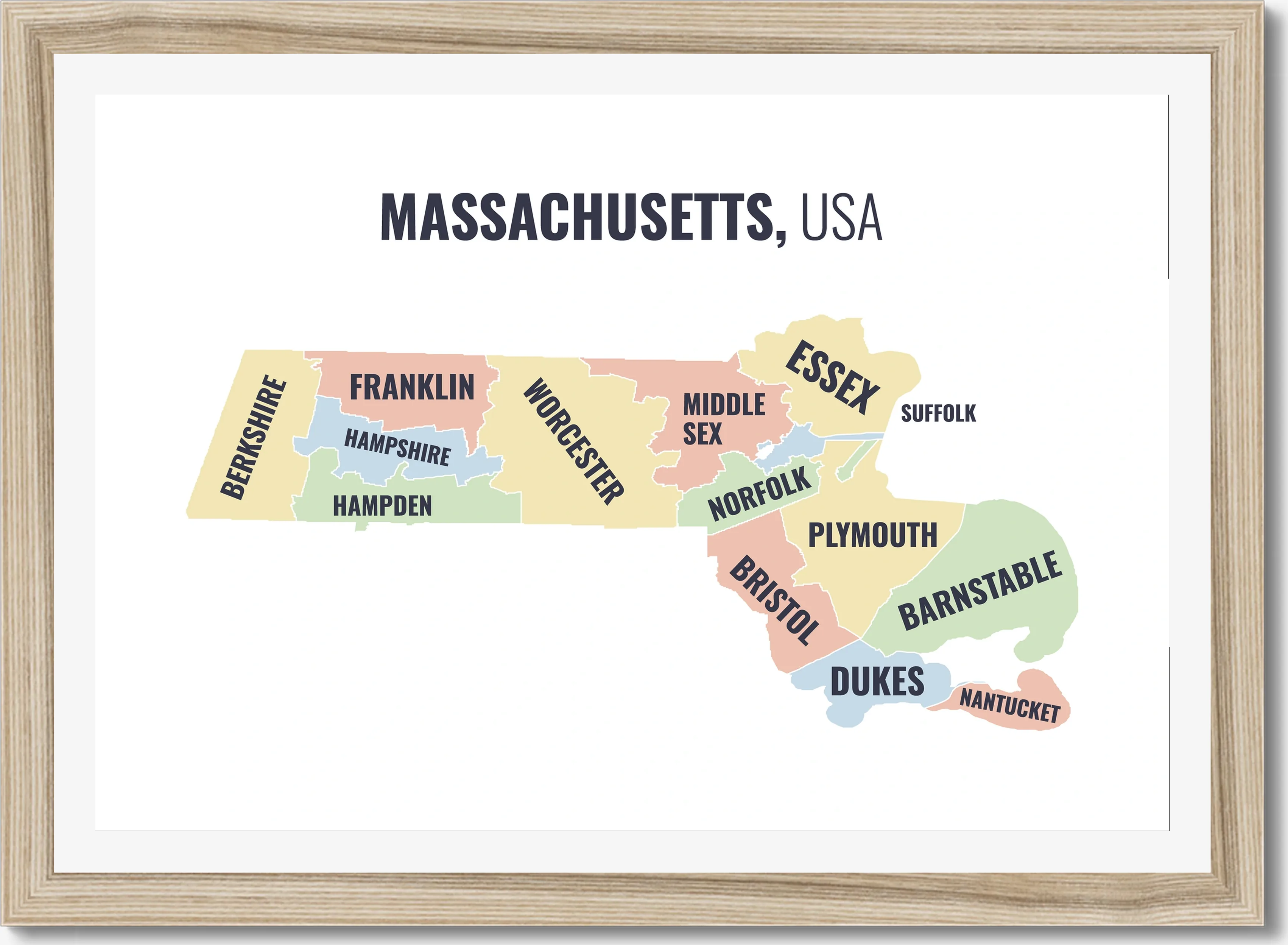 County map of Massachusetts, all 14 counties named