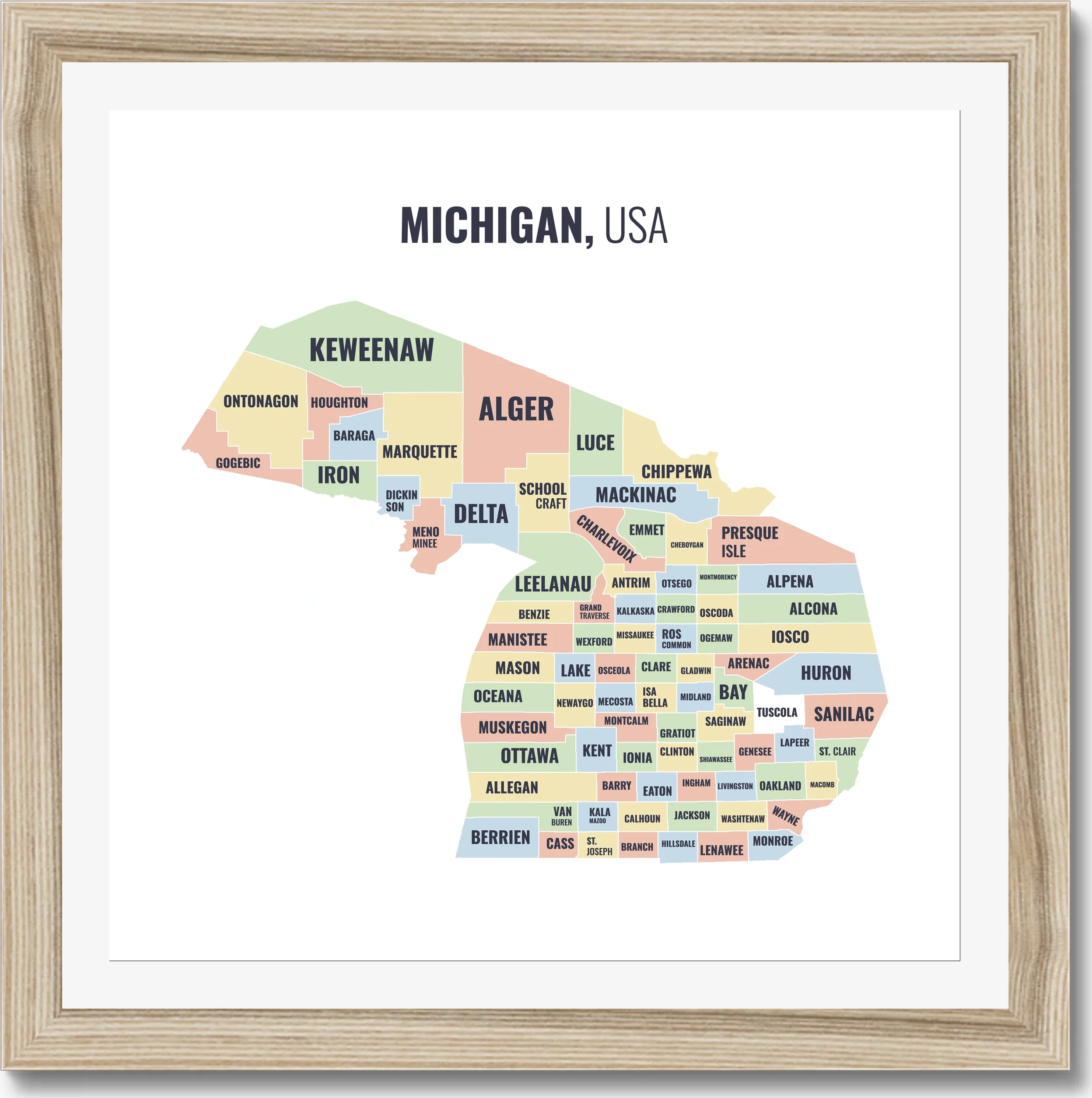 County map of Michigan, all 83 counties named