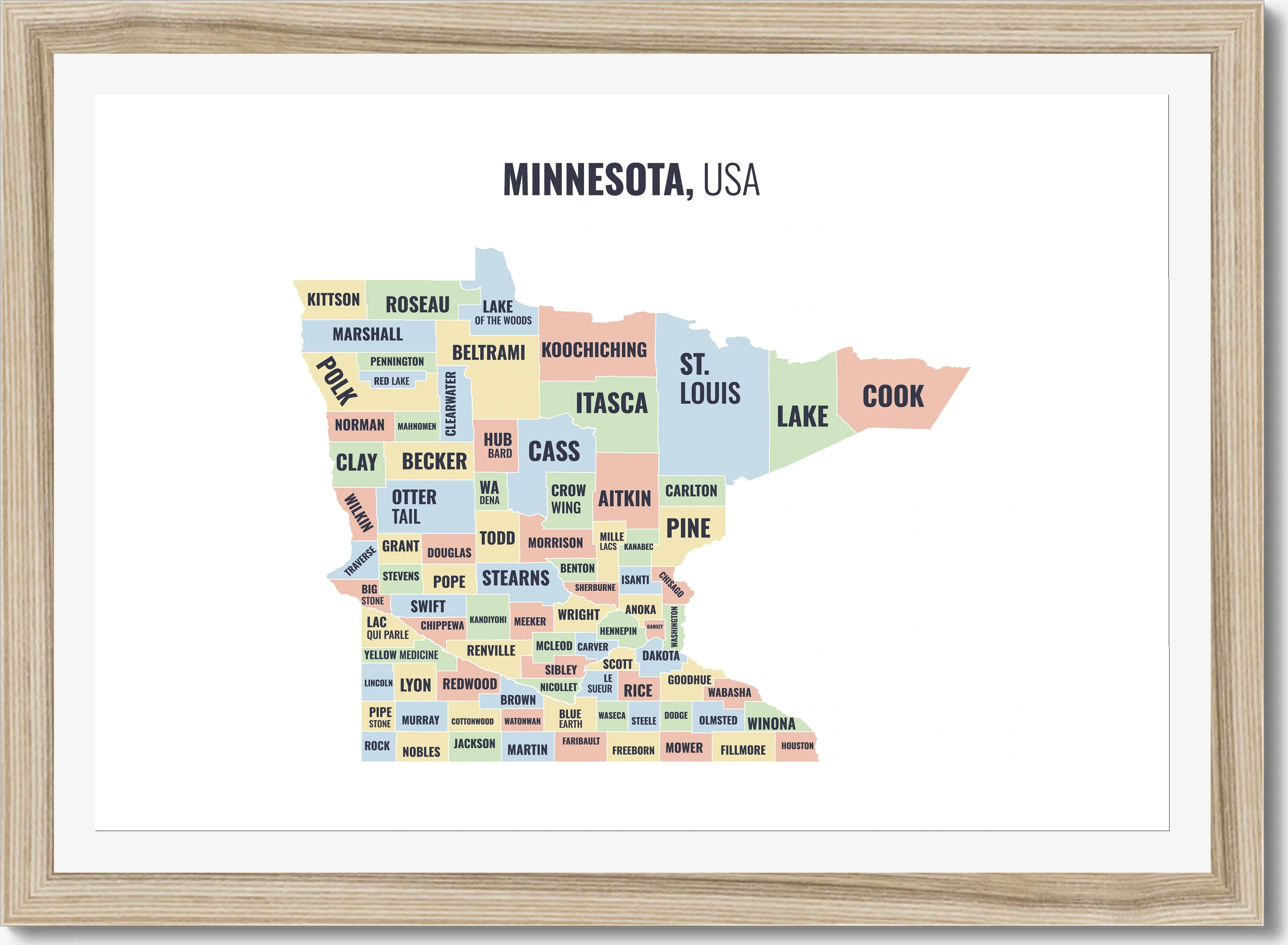 County map of Minnesota, all 87 counties named