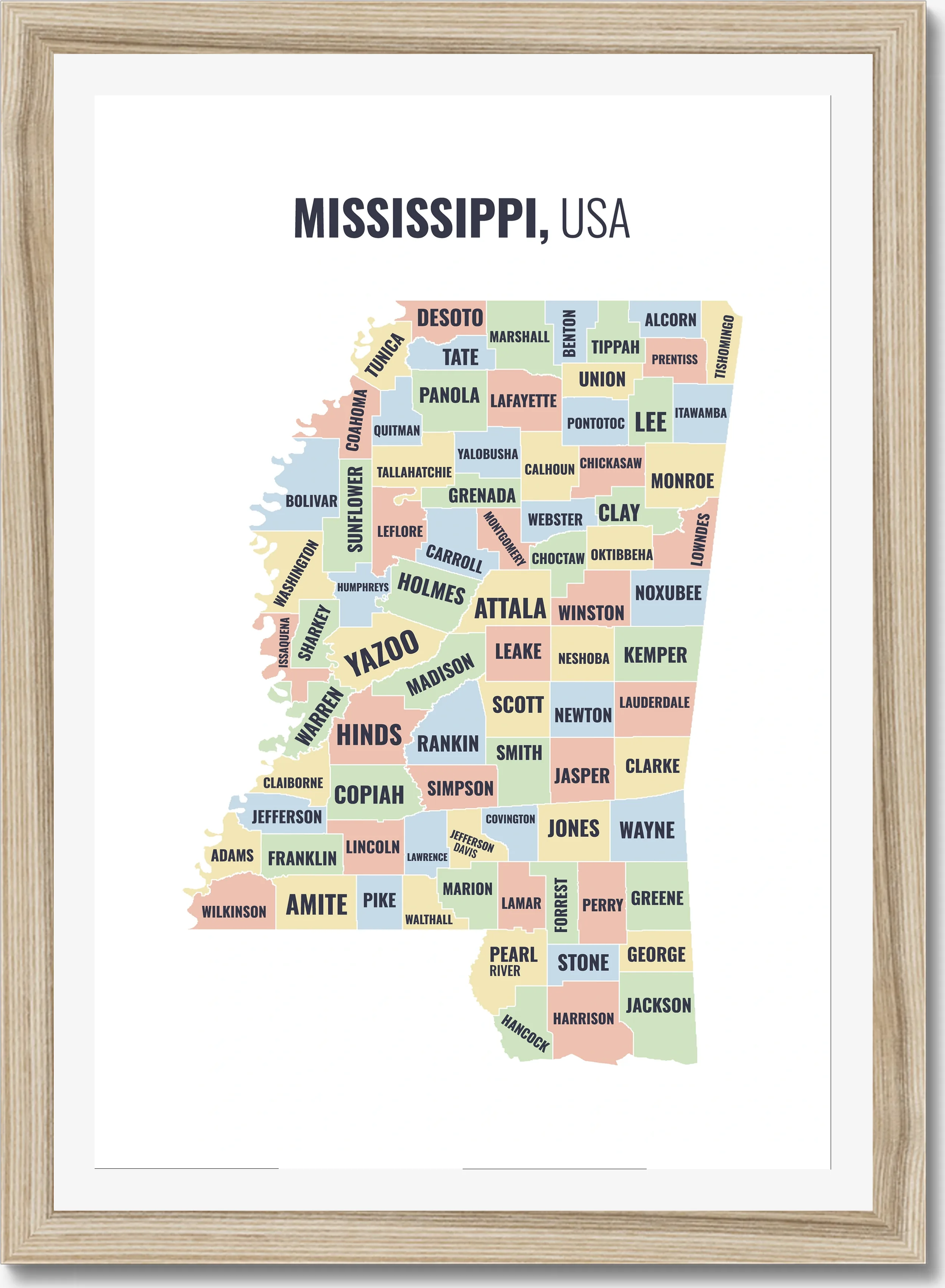 County map of Mississippi, all 82 counties named