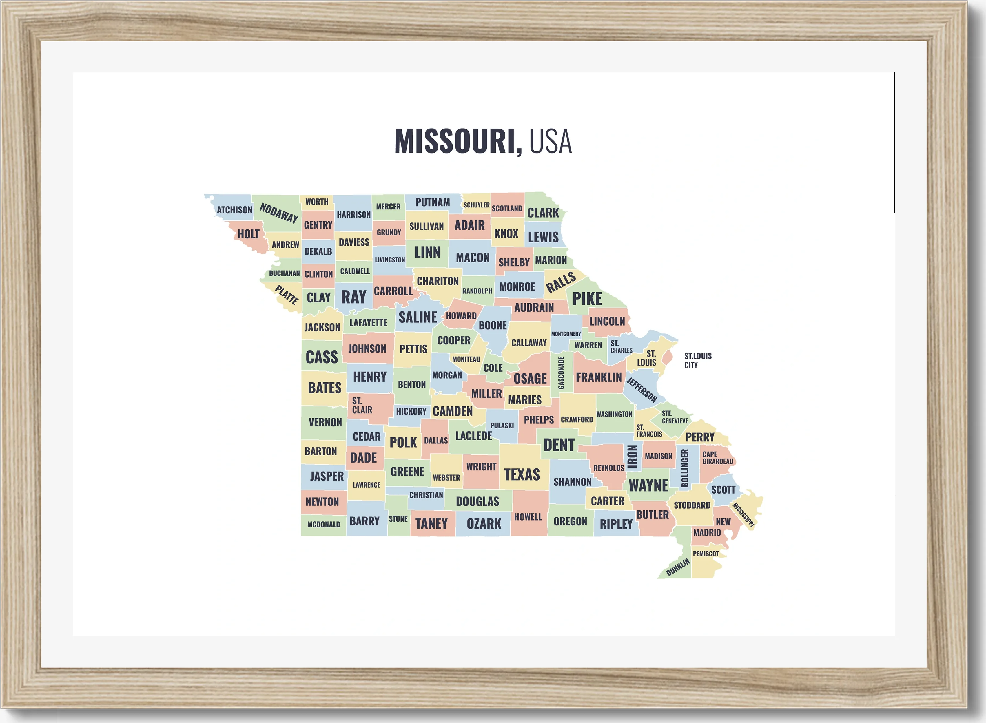 Region map of Missouri, all 114 regions and St. Louis city named