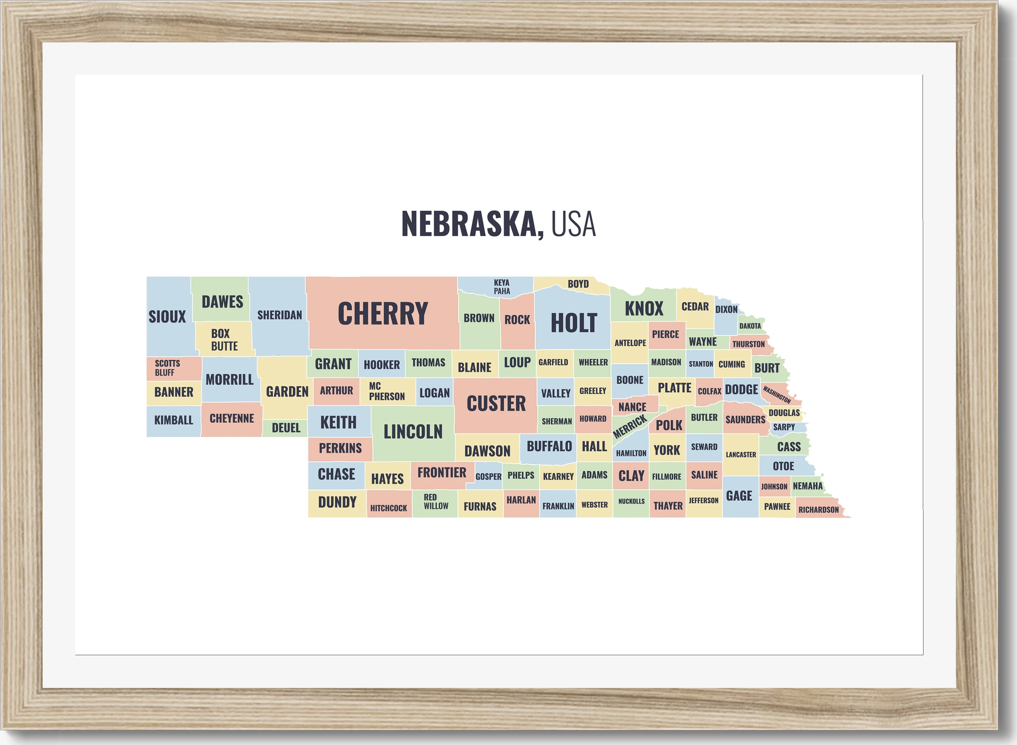 County map of Nebraska, all 93 counties named