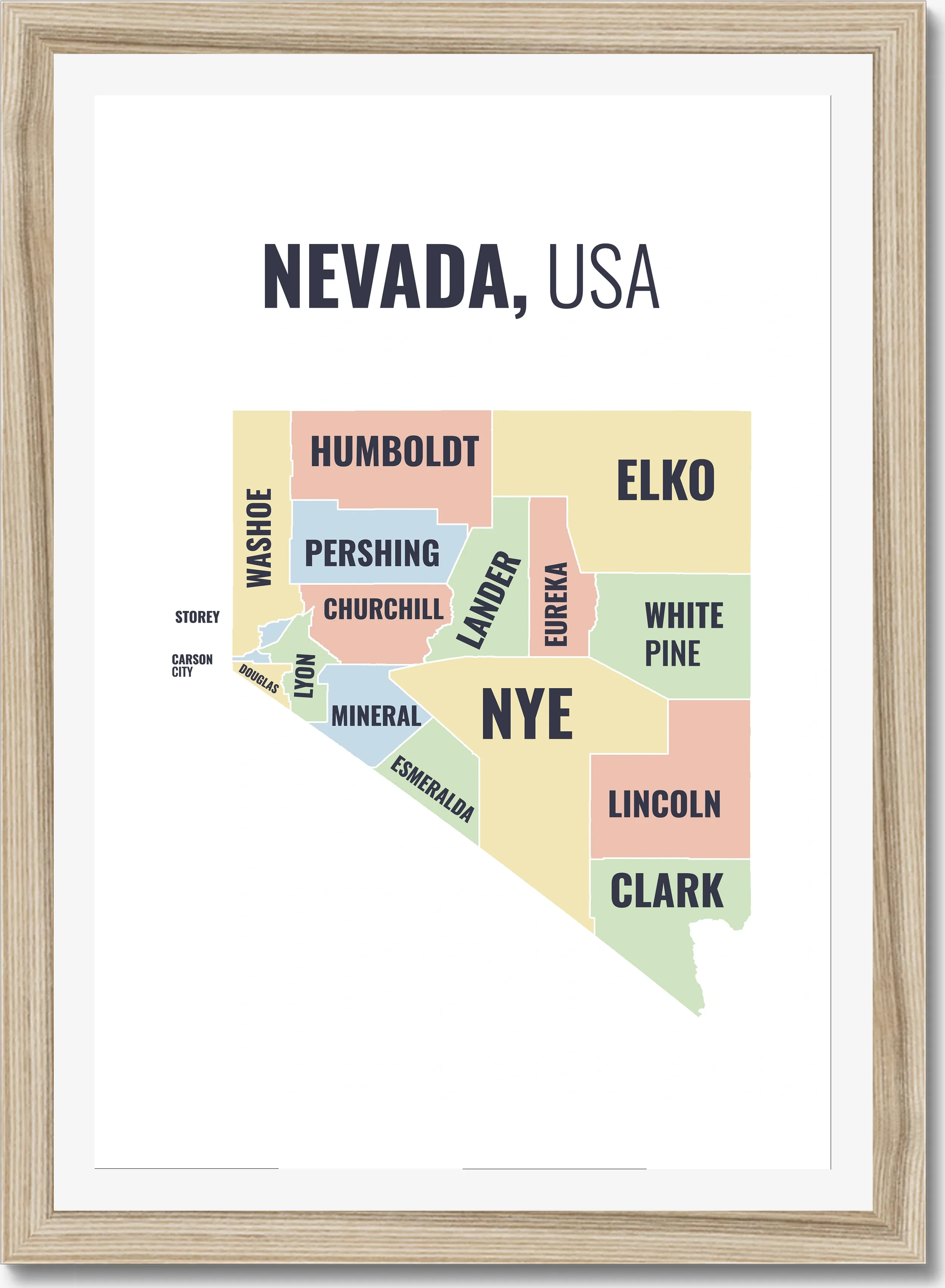 Region map of Nevada, all 16 regions and Carson City named