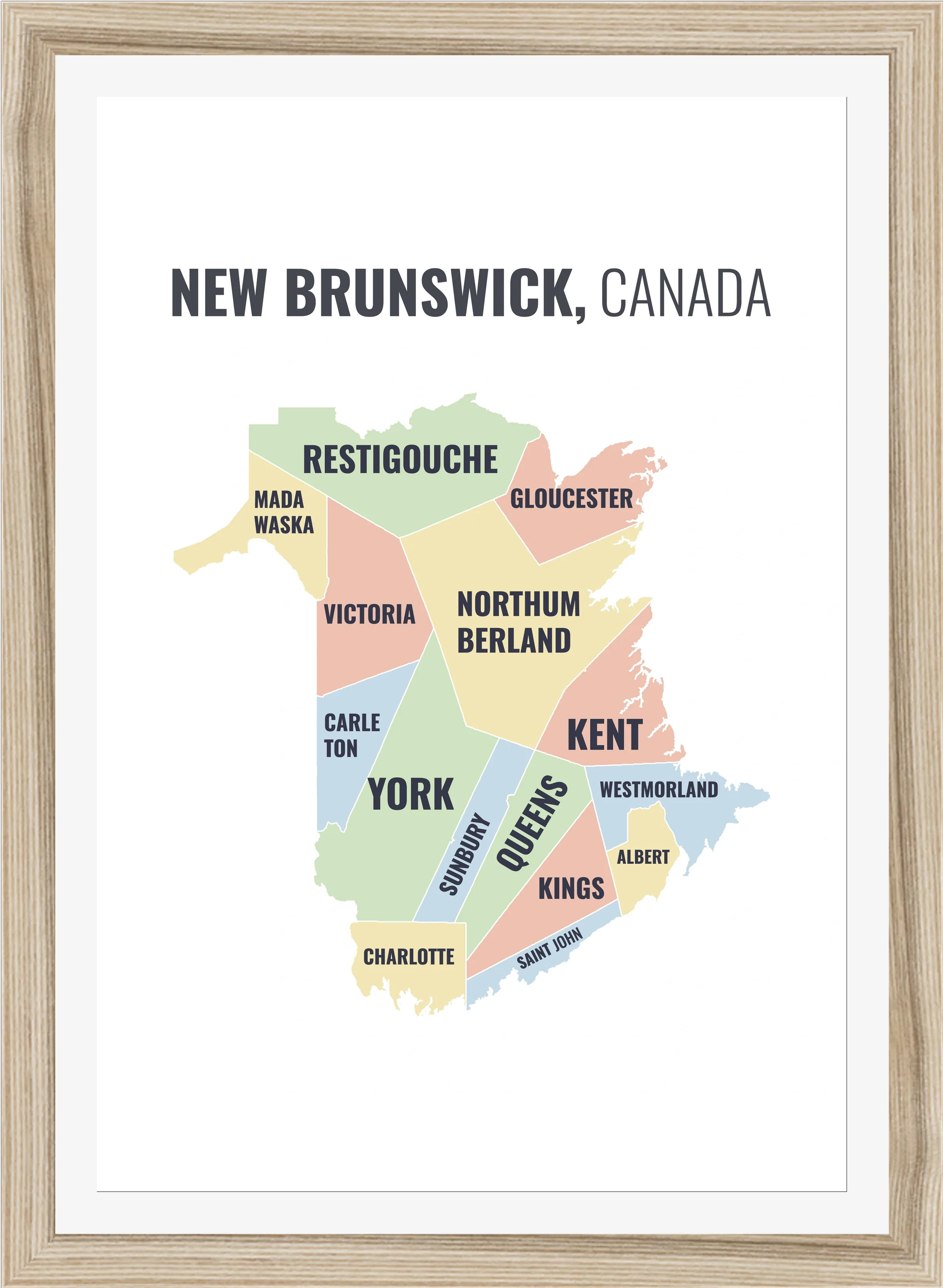 Census division map of New Brunswick, all 15 census divisions named