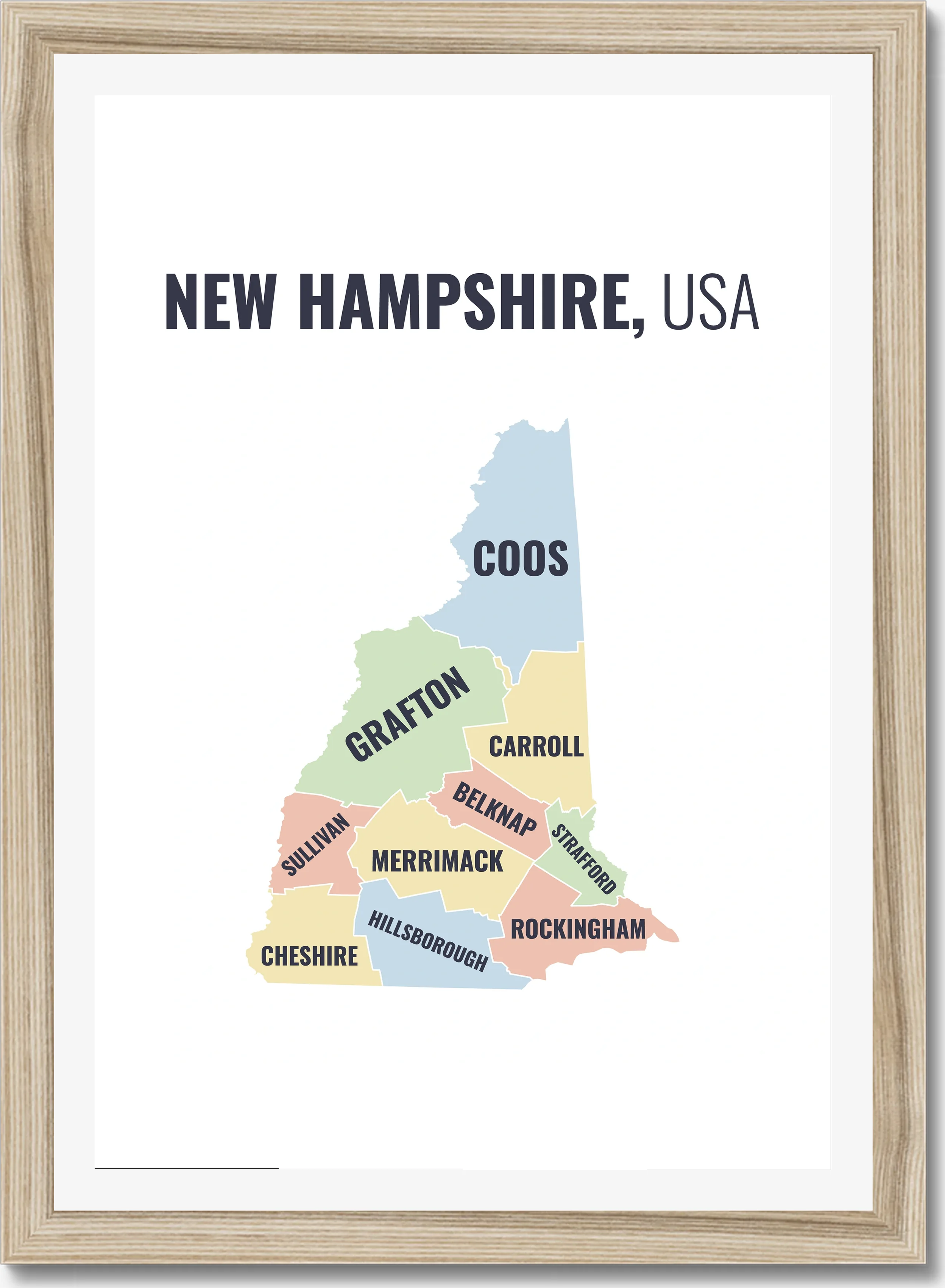 County map of New Hampshire, all 10 counties named