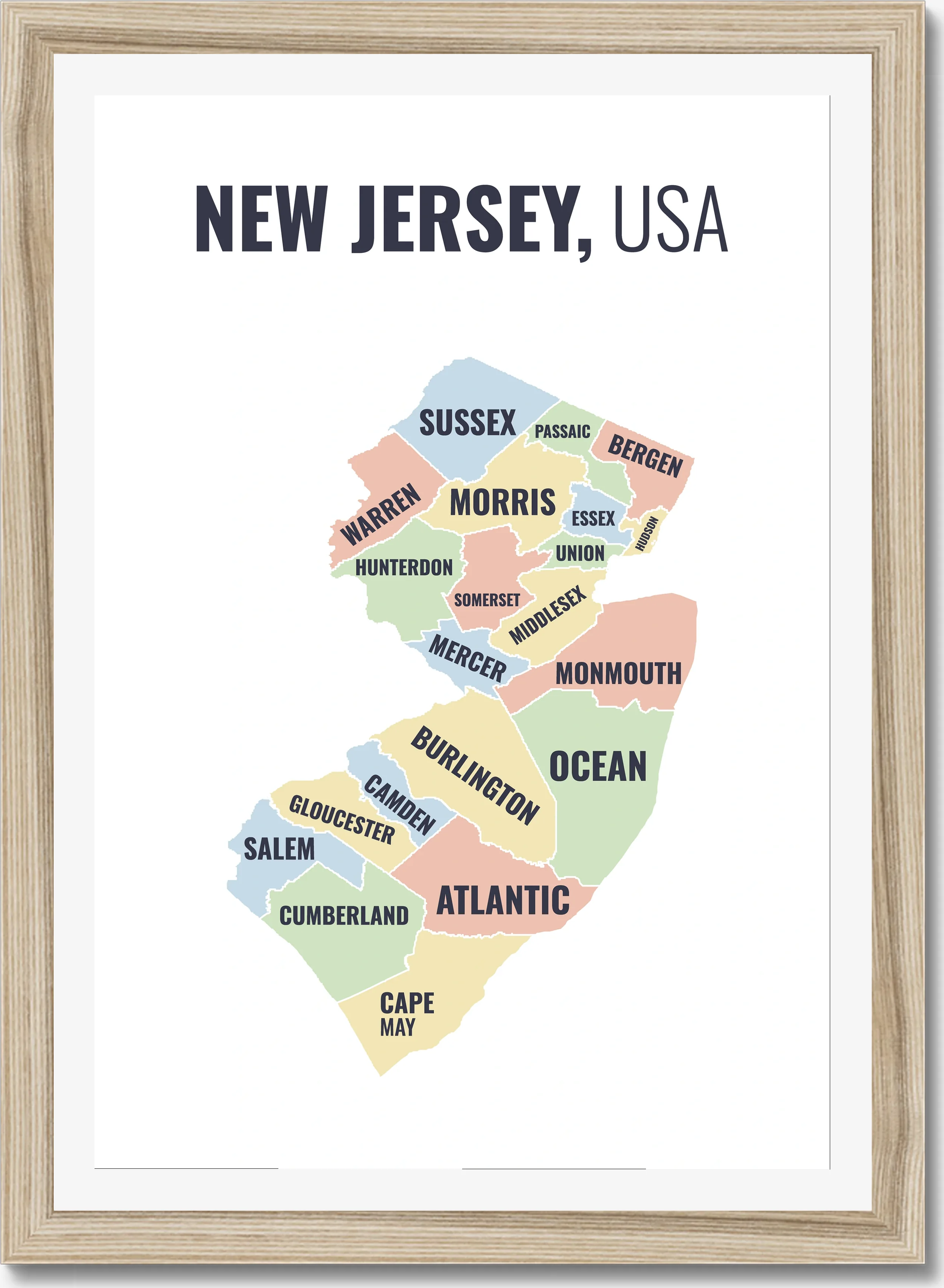 County map of New Jersey, all 21 counties named