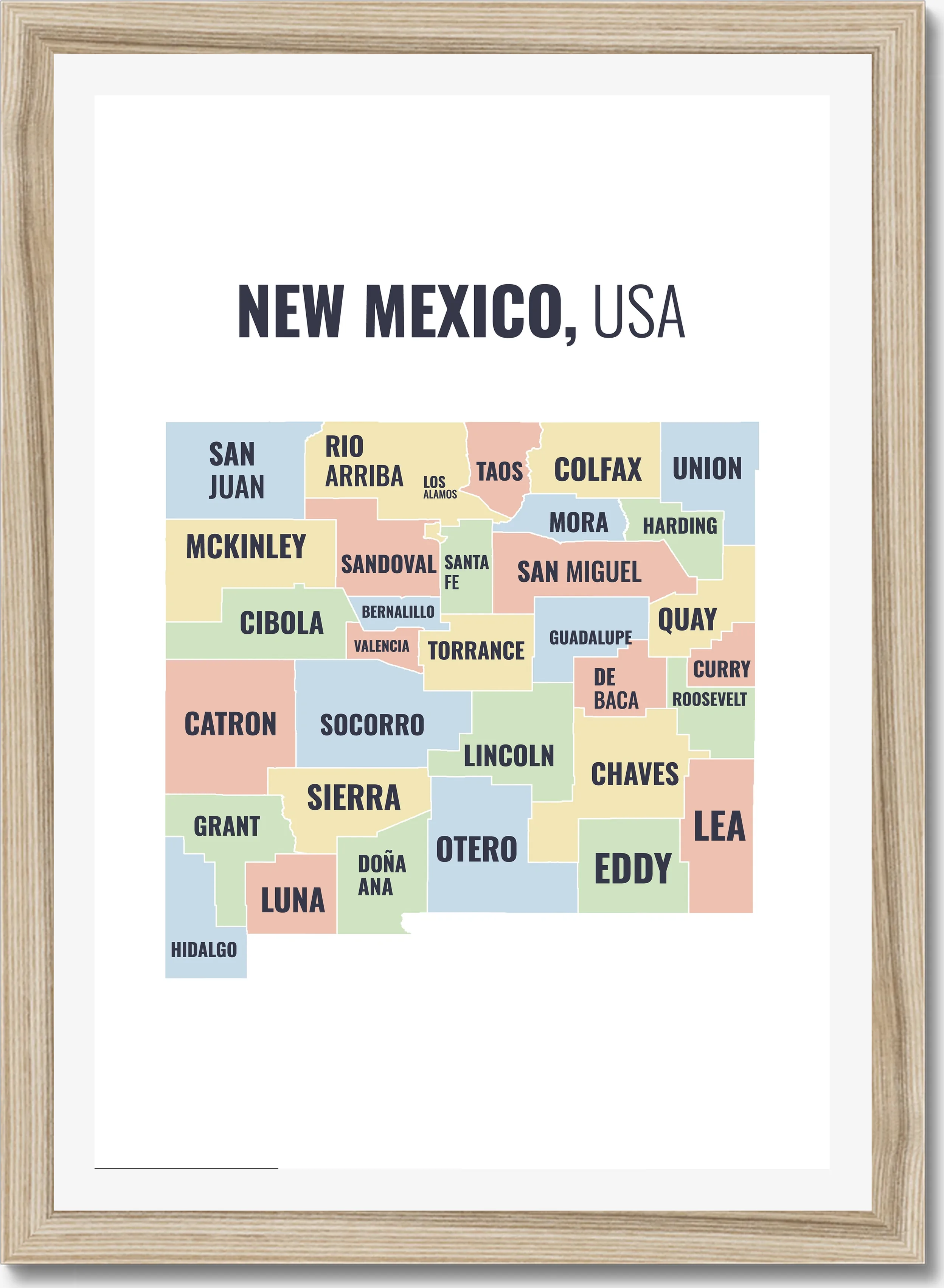 County map of New Mexico, all 33 counties named