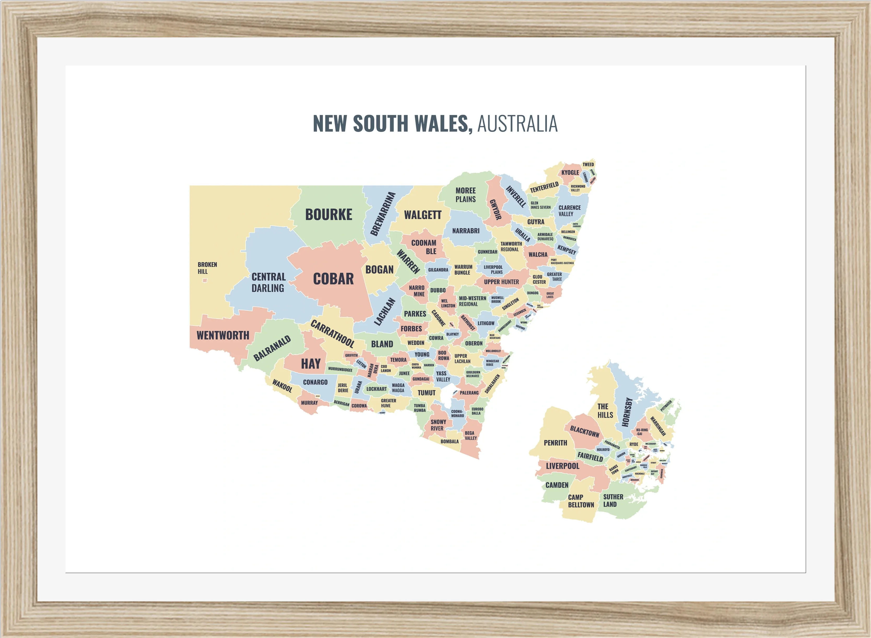 Local government area map of New South Wales, all 152 local government areas named