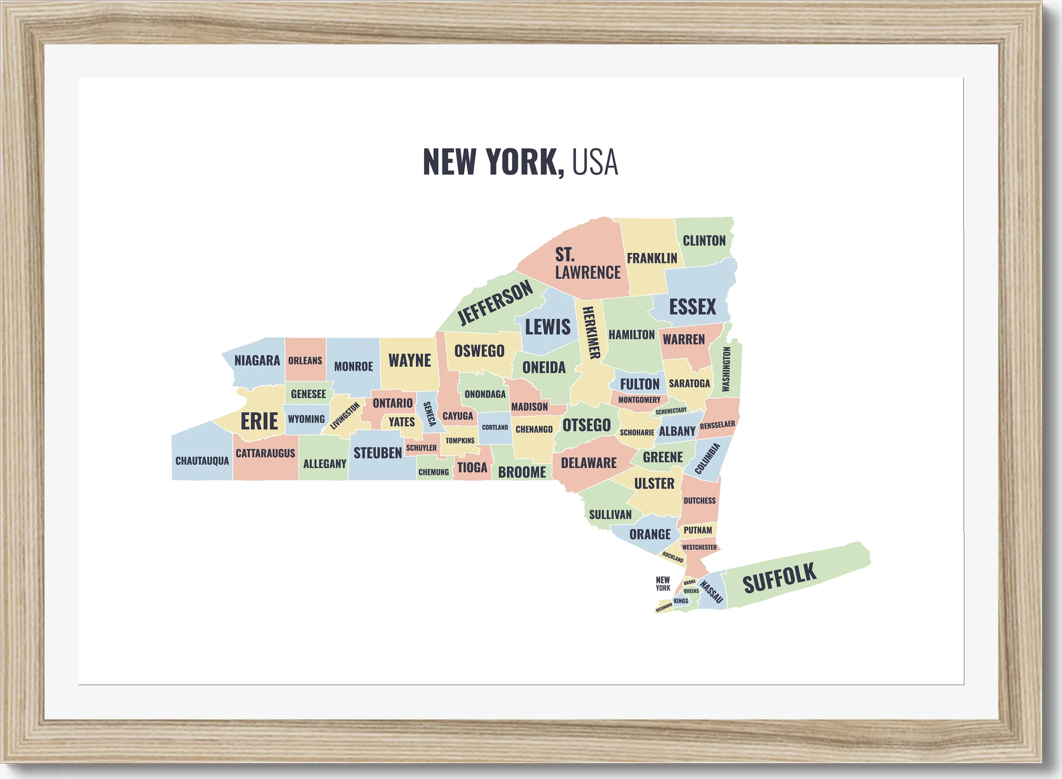 County map of New York, all 62 counties named