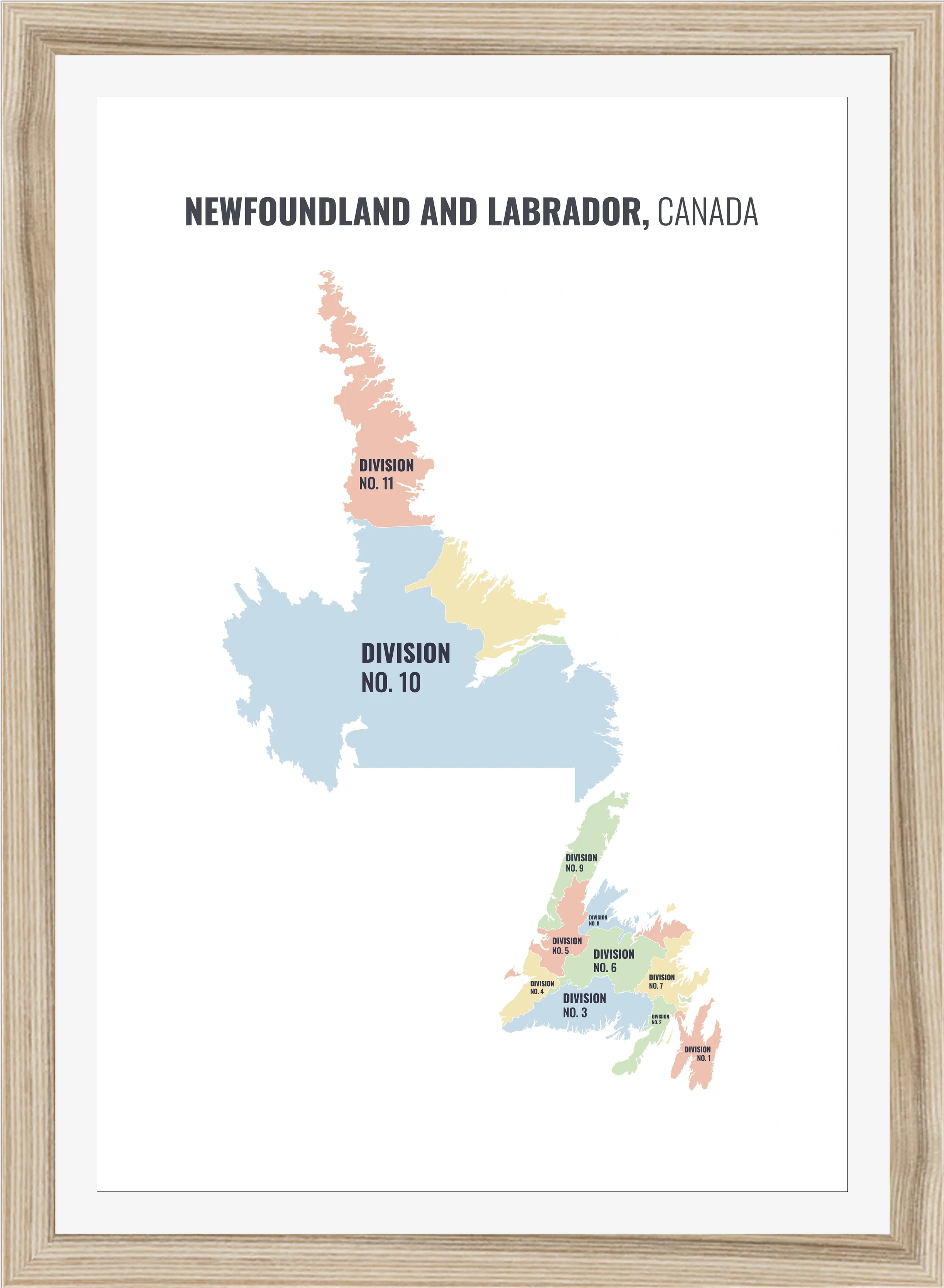 Census division map of Newfoundland and Labrador, all 11 census divisions named