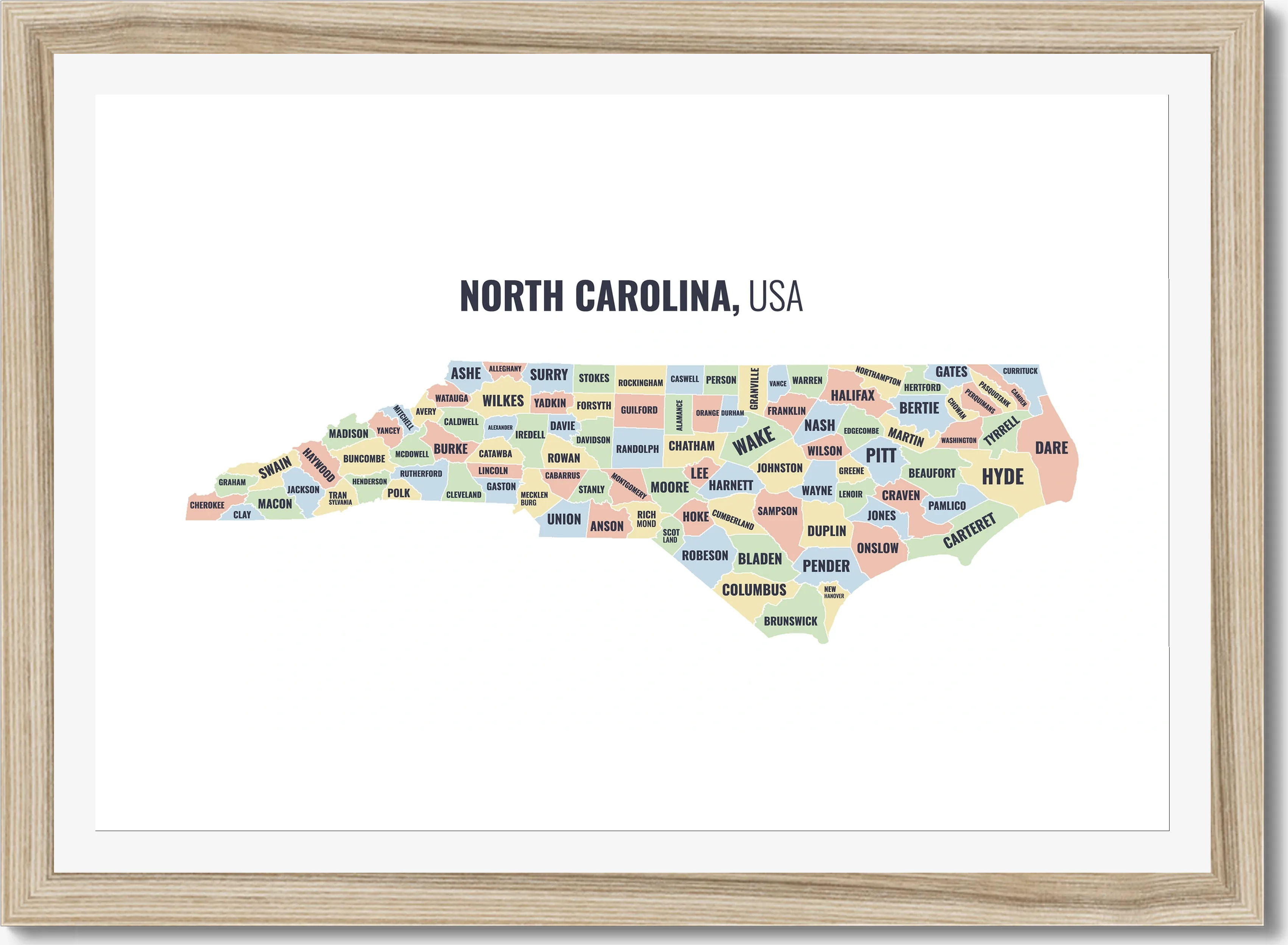 County map of North Carolina, all 100 counties named