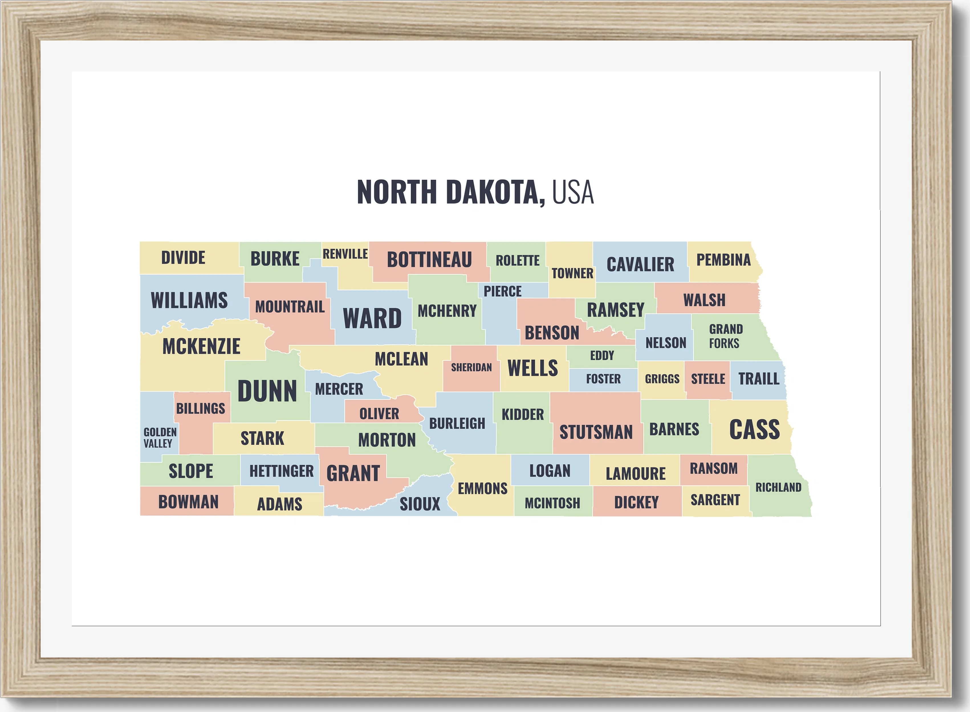County map of North Dakota, all 53 counties named