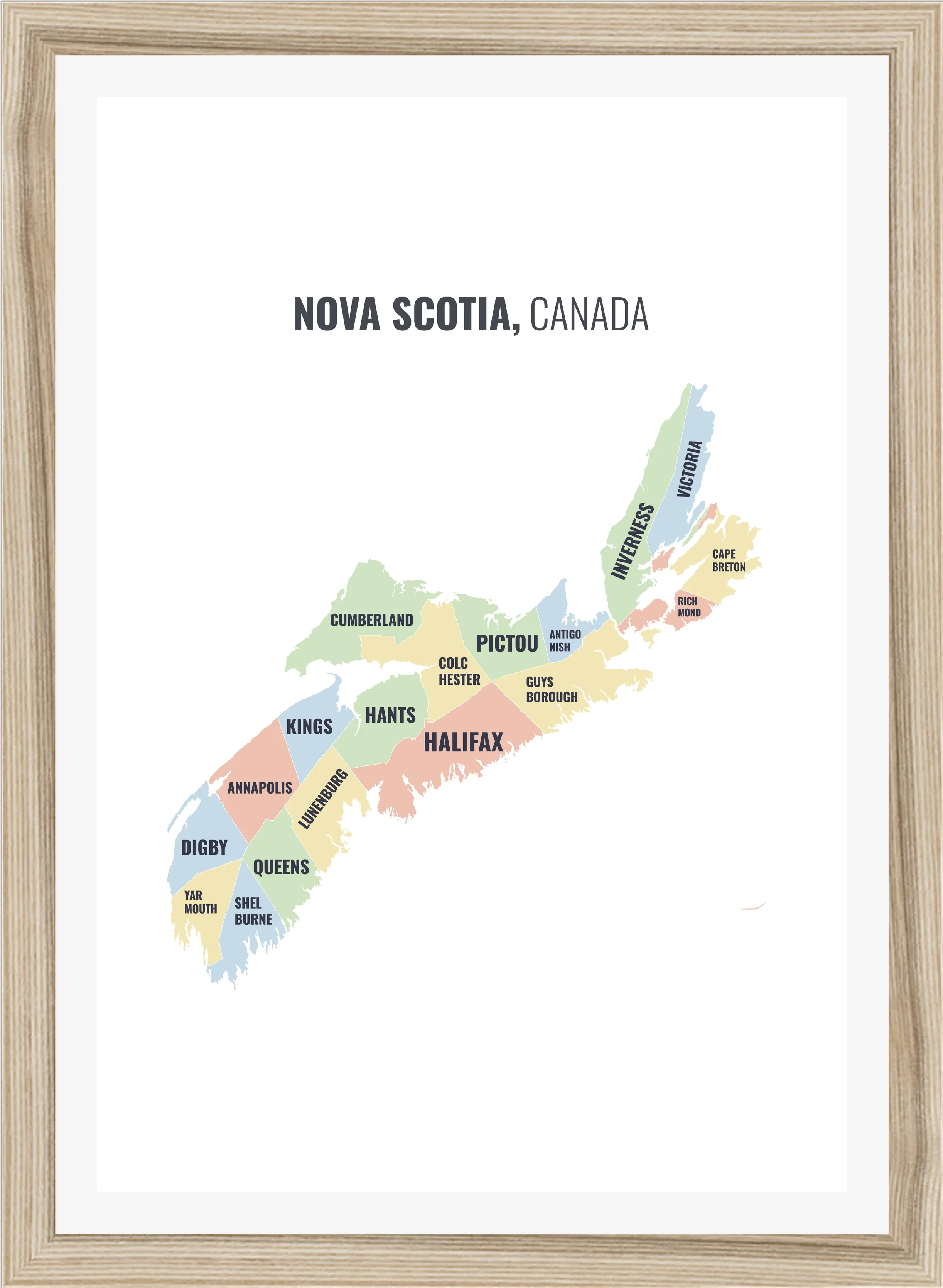 Census division map of Nova Scotia, all 18 census divisions named