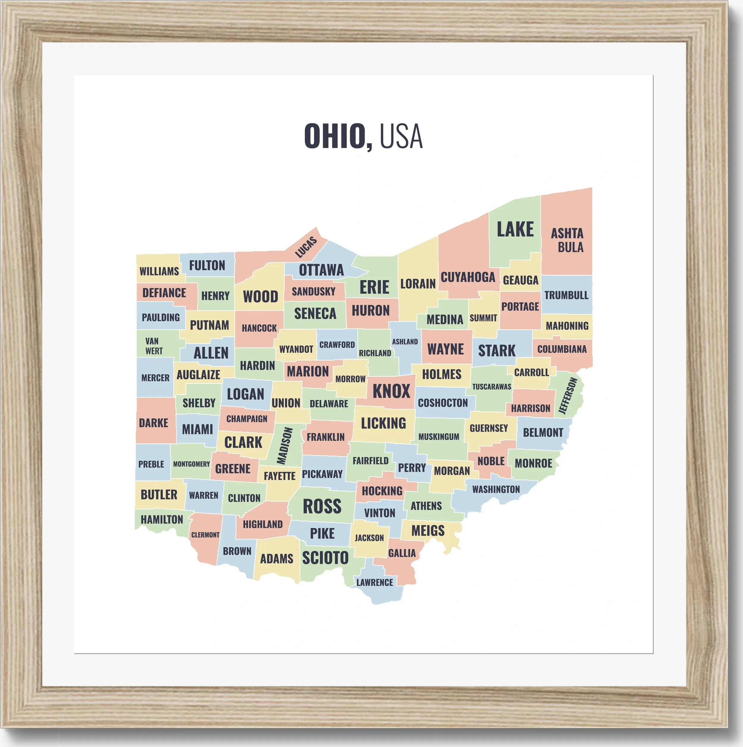 County map of Ohio, all 88 counties named