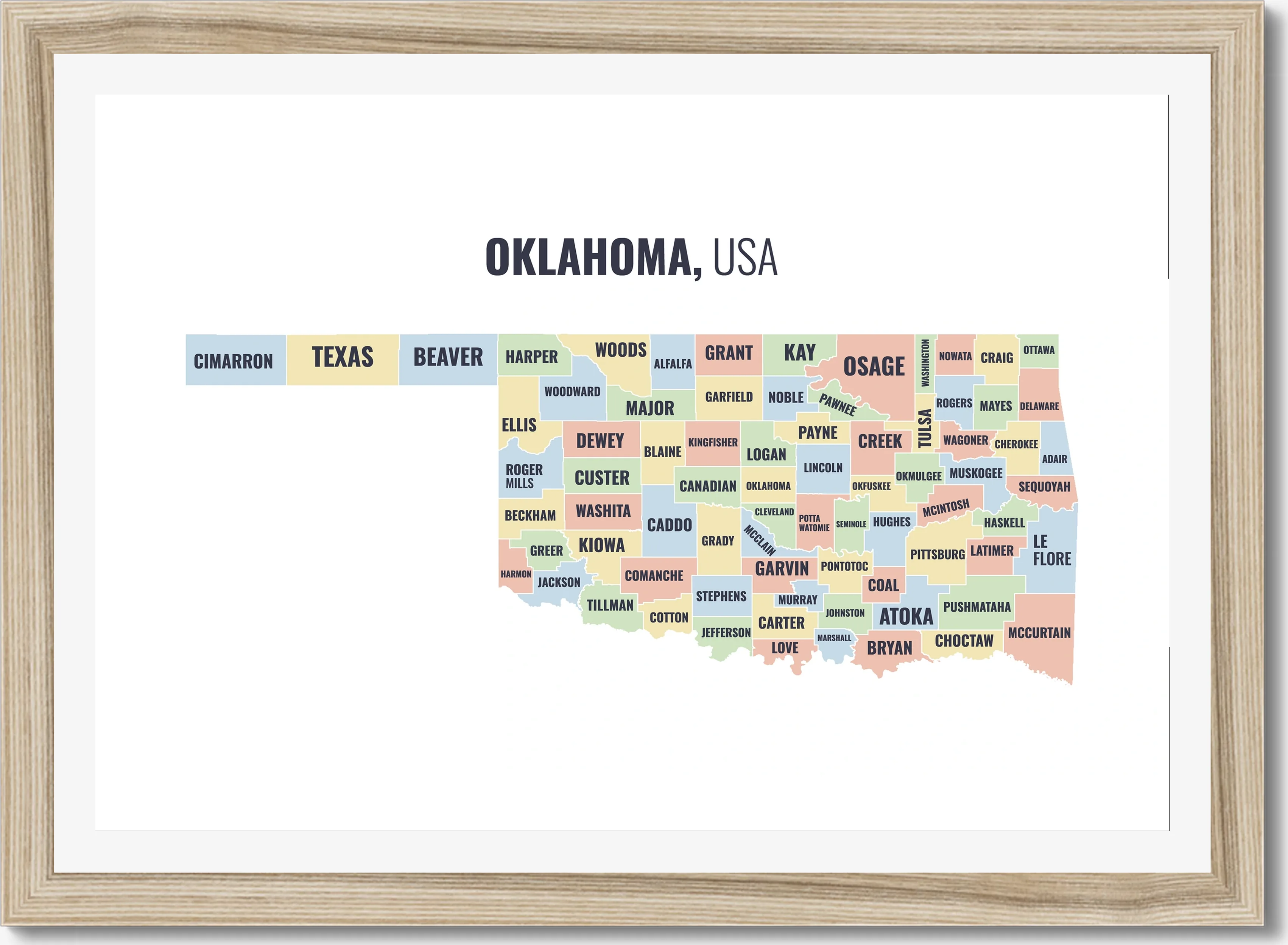 County map of Oklahoma, all 77 counties named