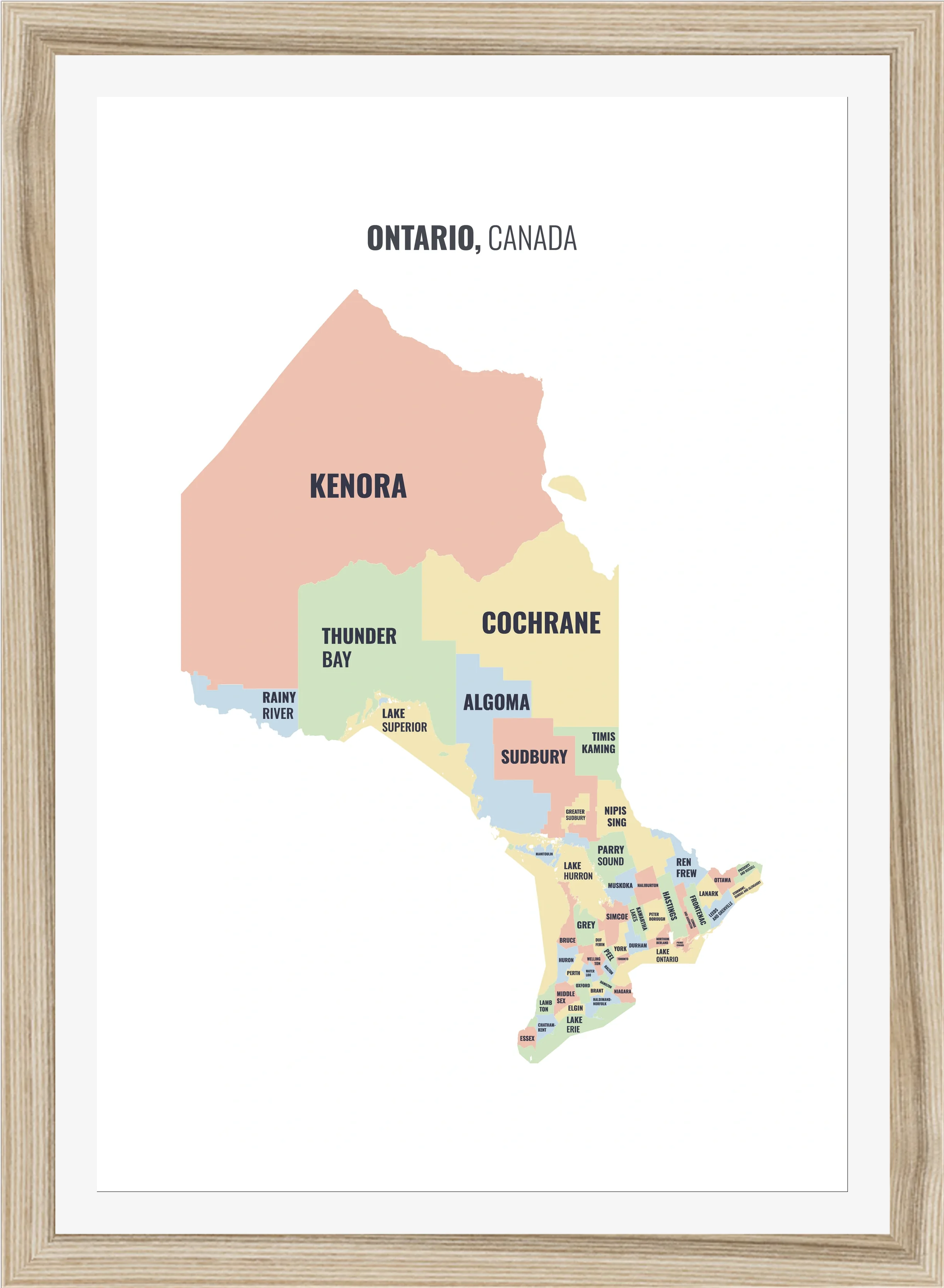 Census division map of Ontario, all 53 census divisions named