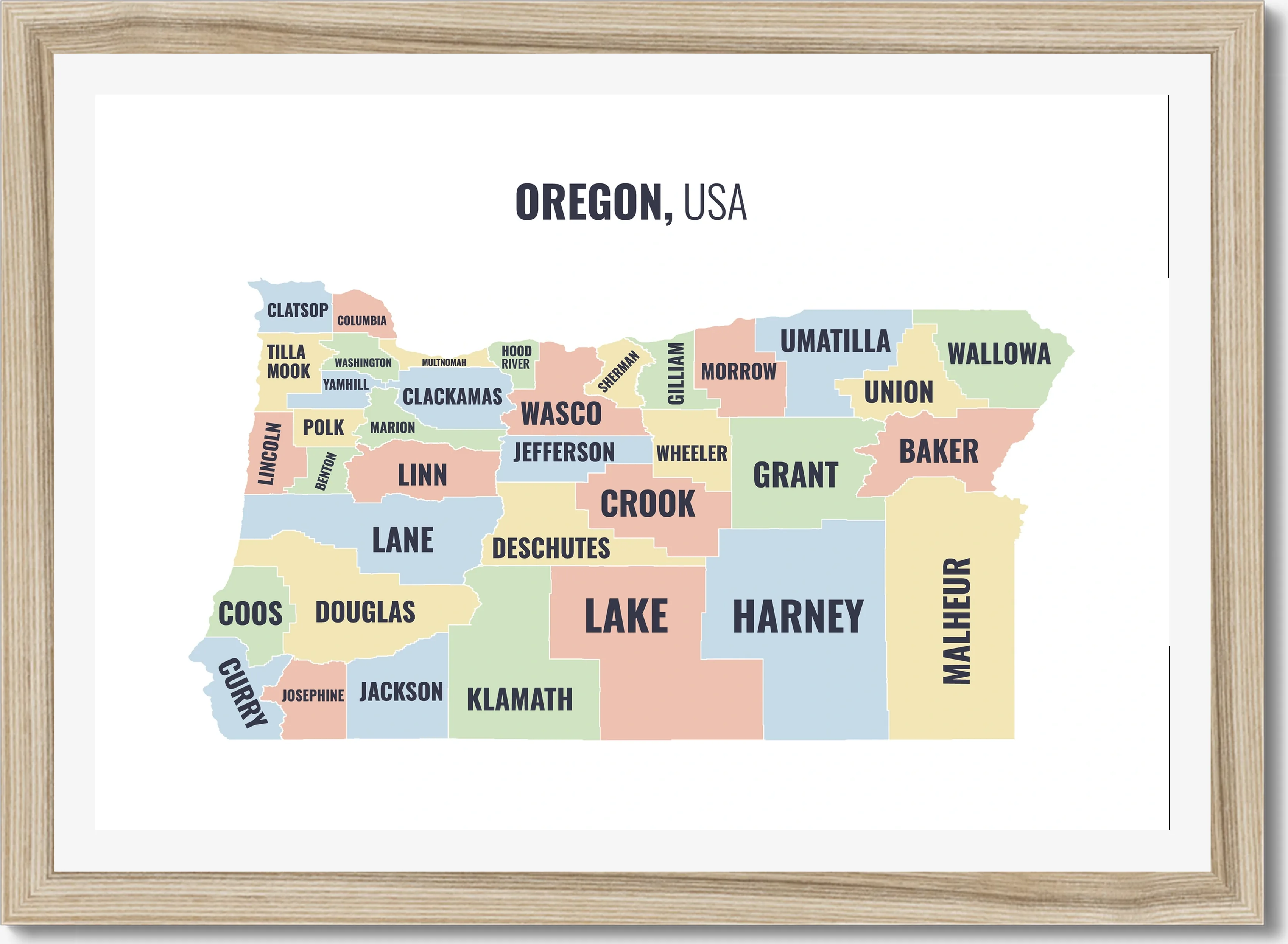 County map of Oregon, all 36 counties named