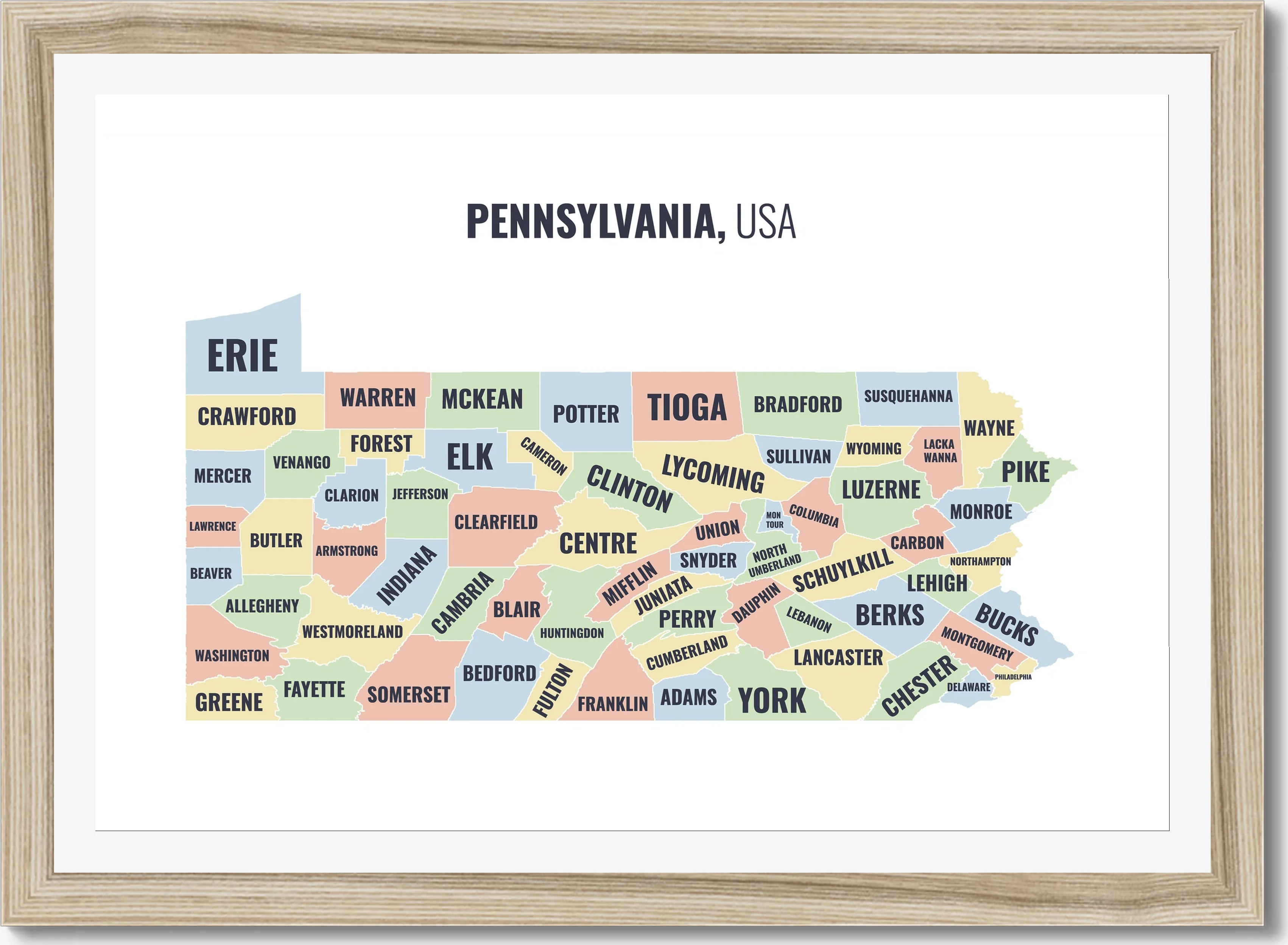 County map of Pennsylvania, all 67 counties named