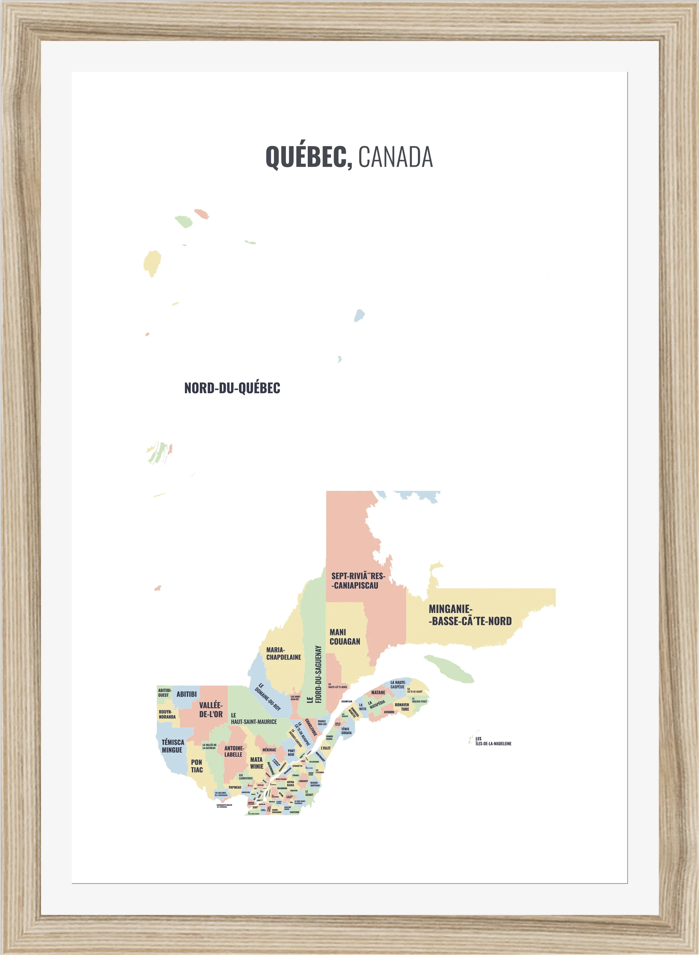 Census division map of Quebec, all 99 census divisions named