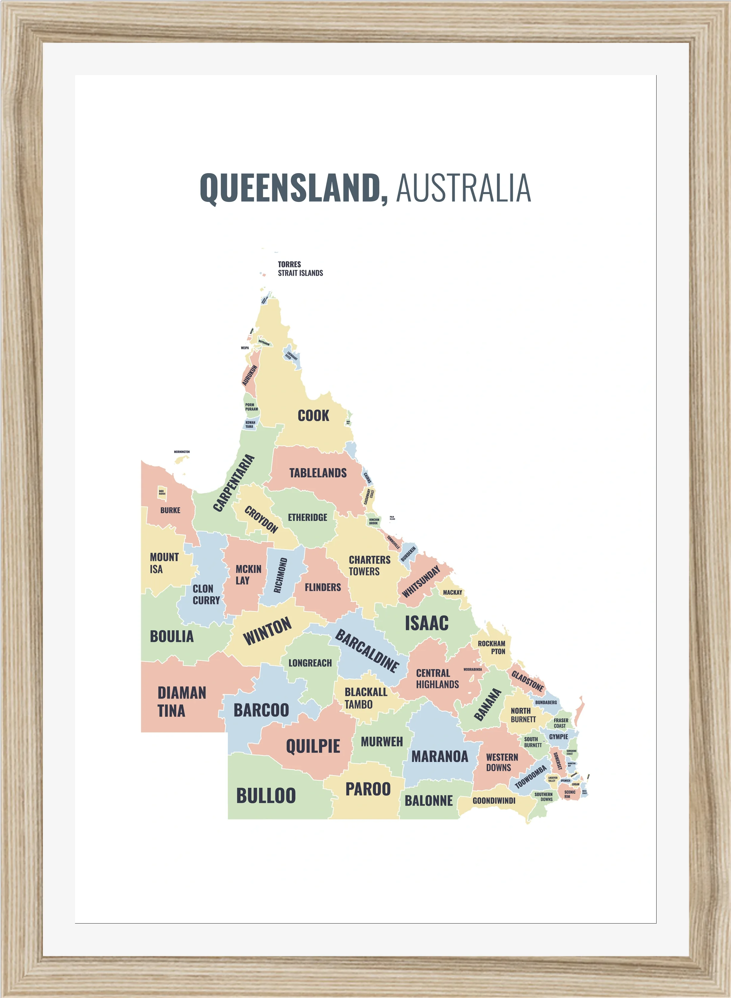 Local government area map of Queensland, all 71 local government areas named