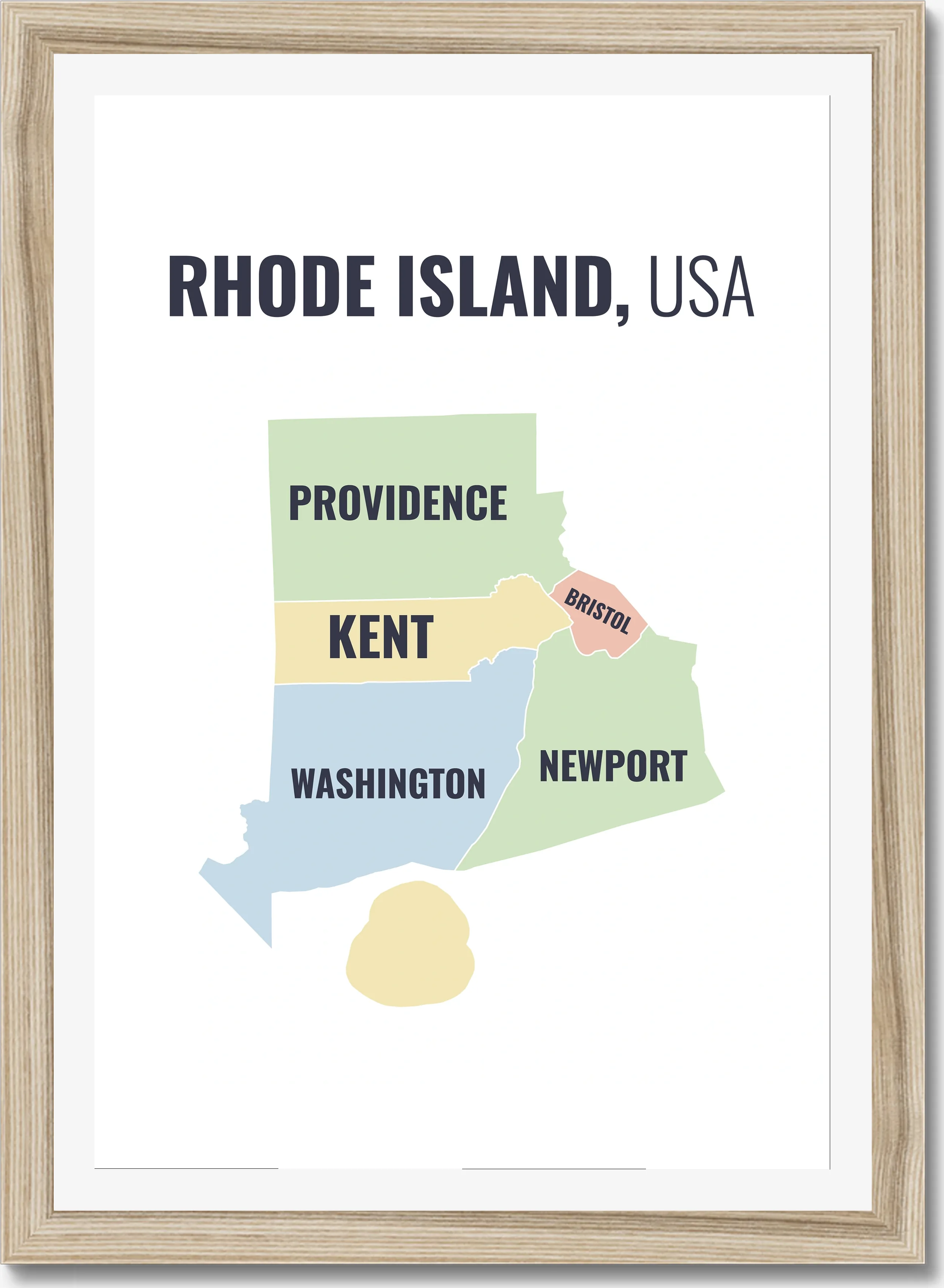County map of Rhode Island, all 5 counties named