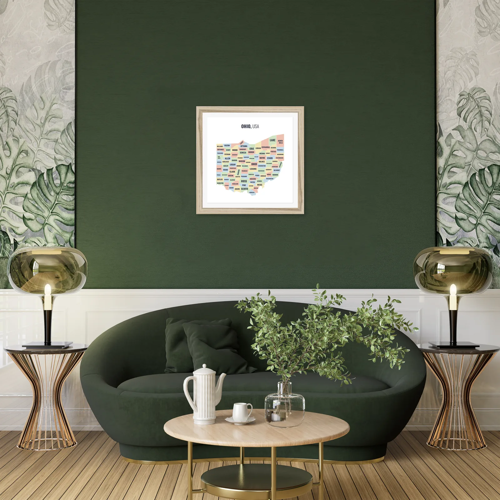 County map of Ohio in a natural wood frame, hung on a dark green wall