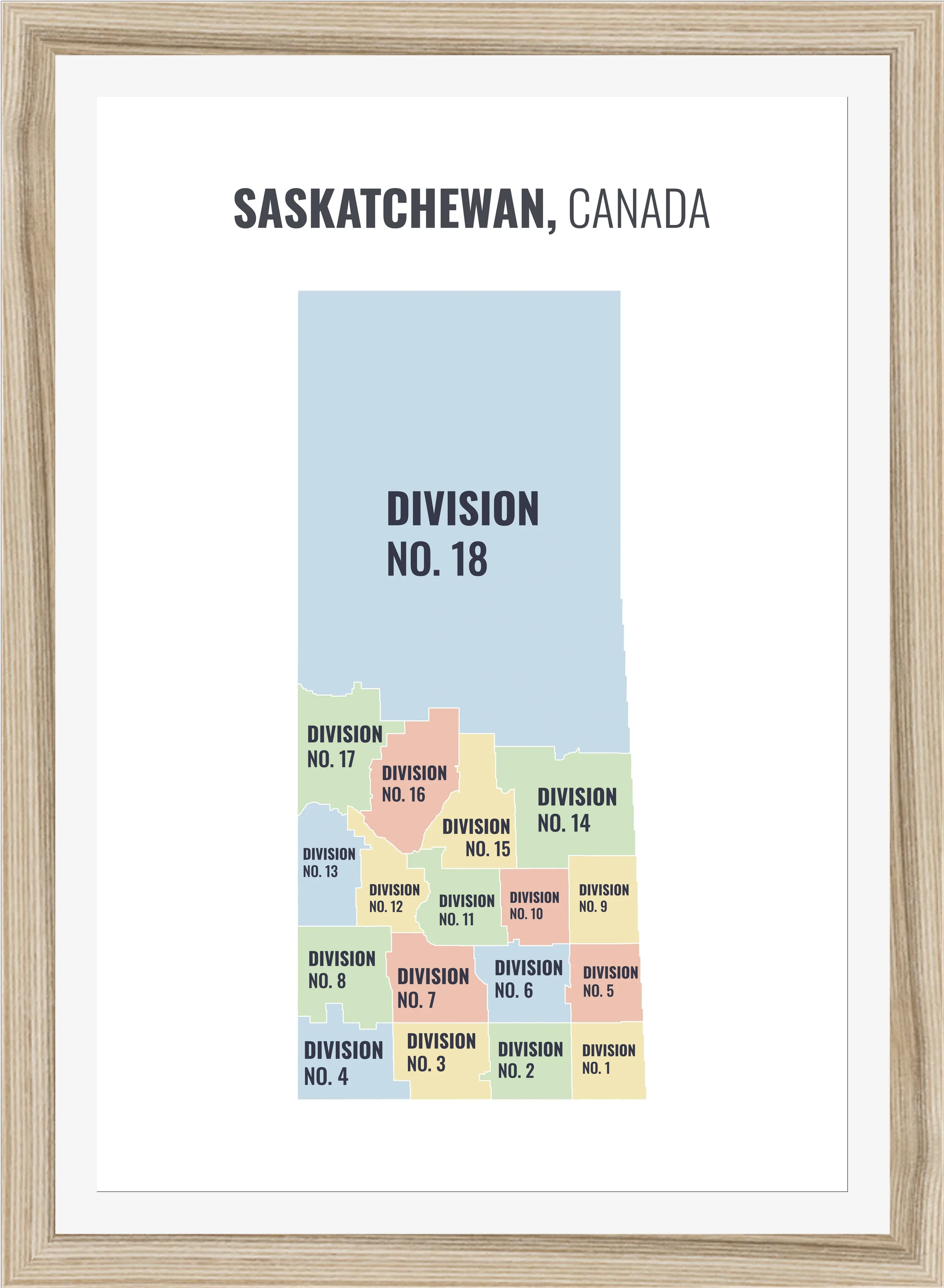 Census division map of Saskatchewan, all 18 census divisions named