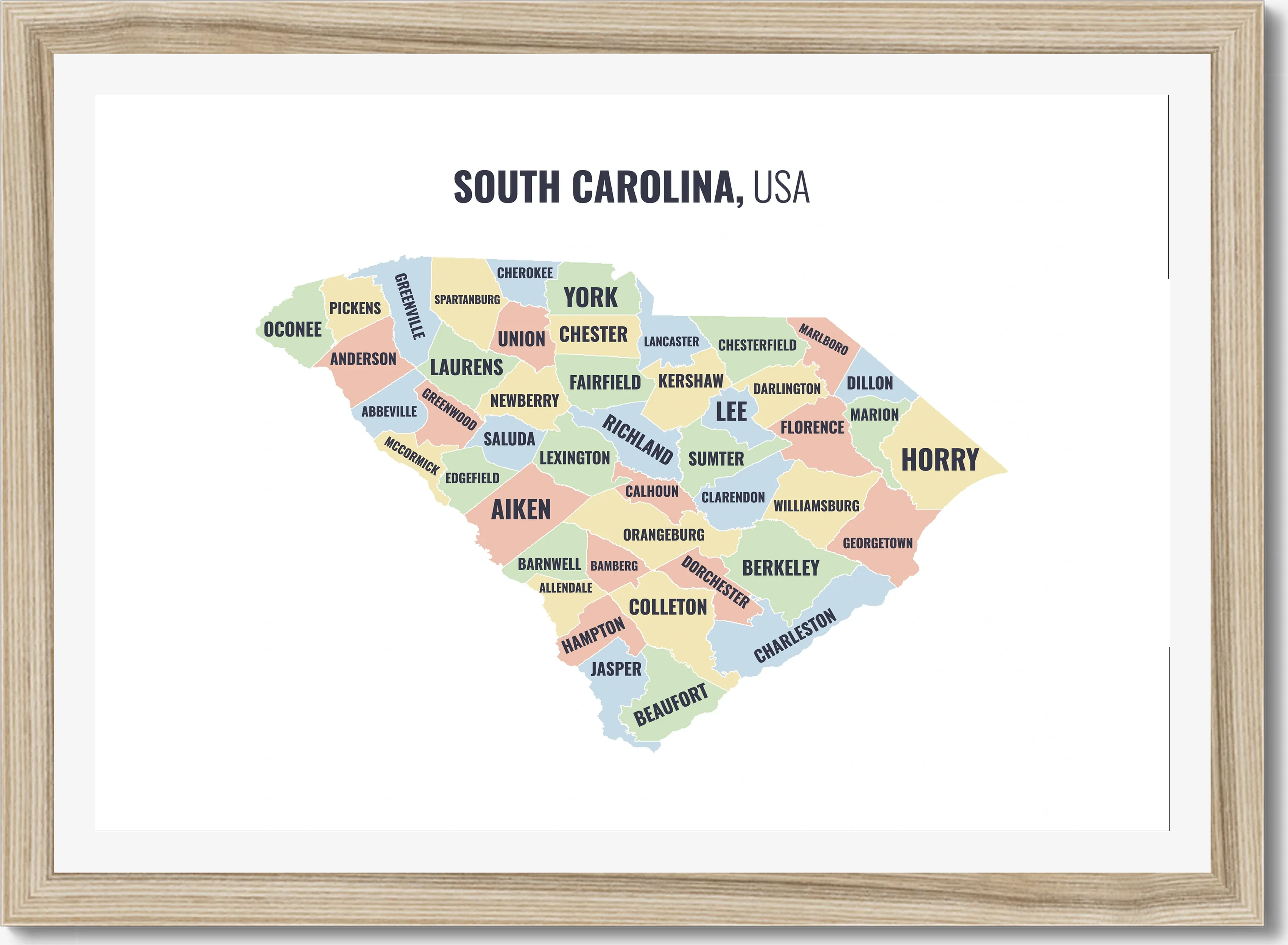 County map of South Carolina, all 46 counties named