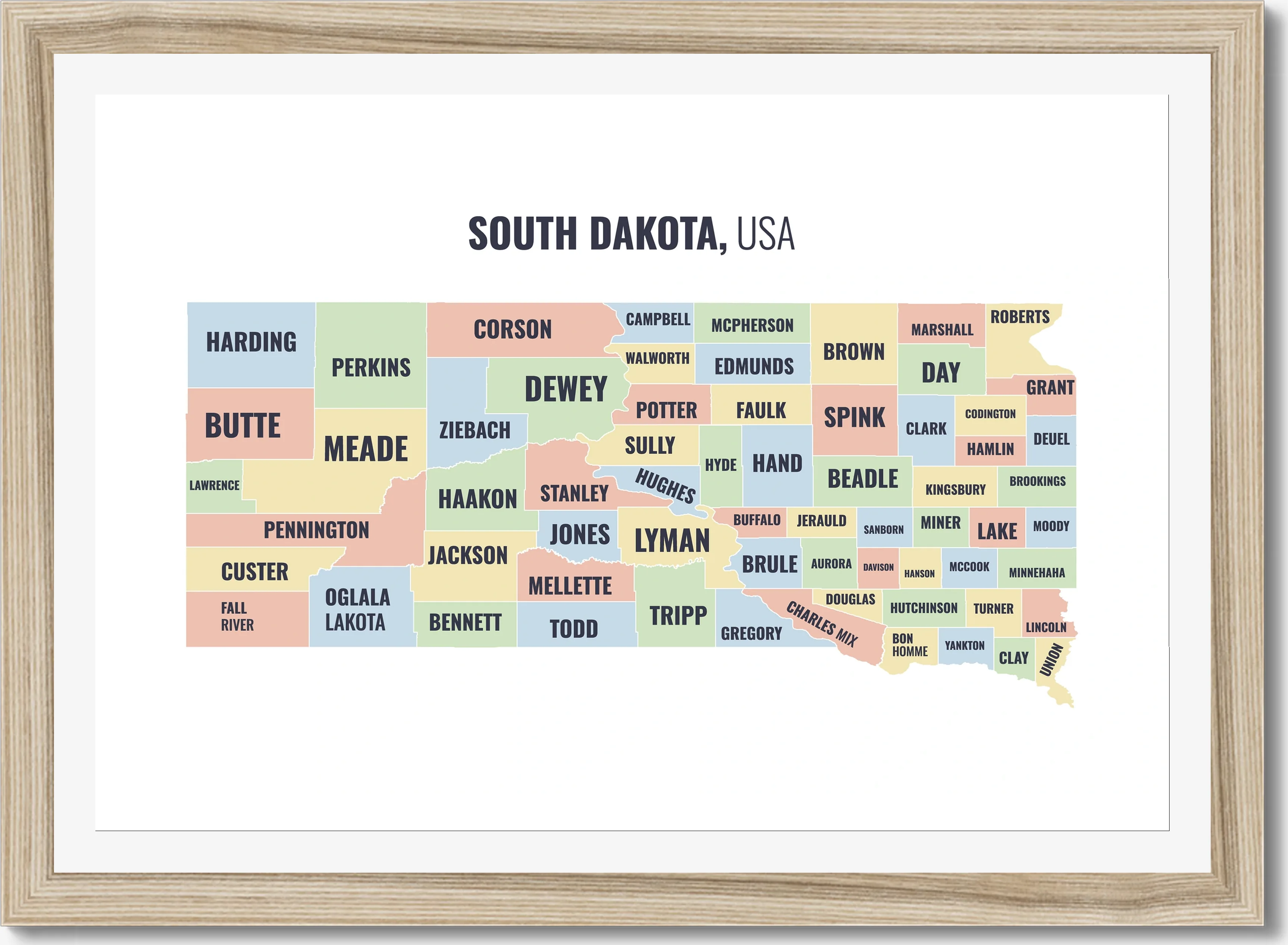 County map of South Dakota, all 66 counties named