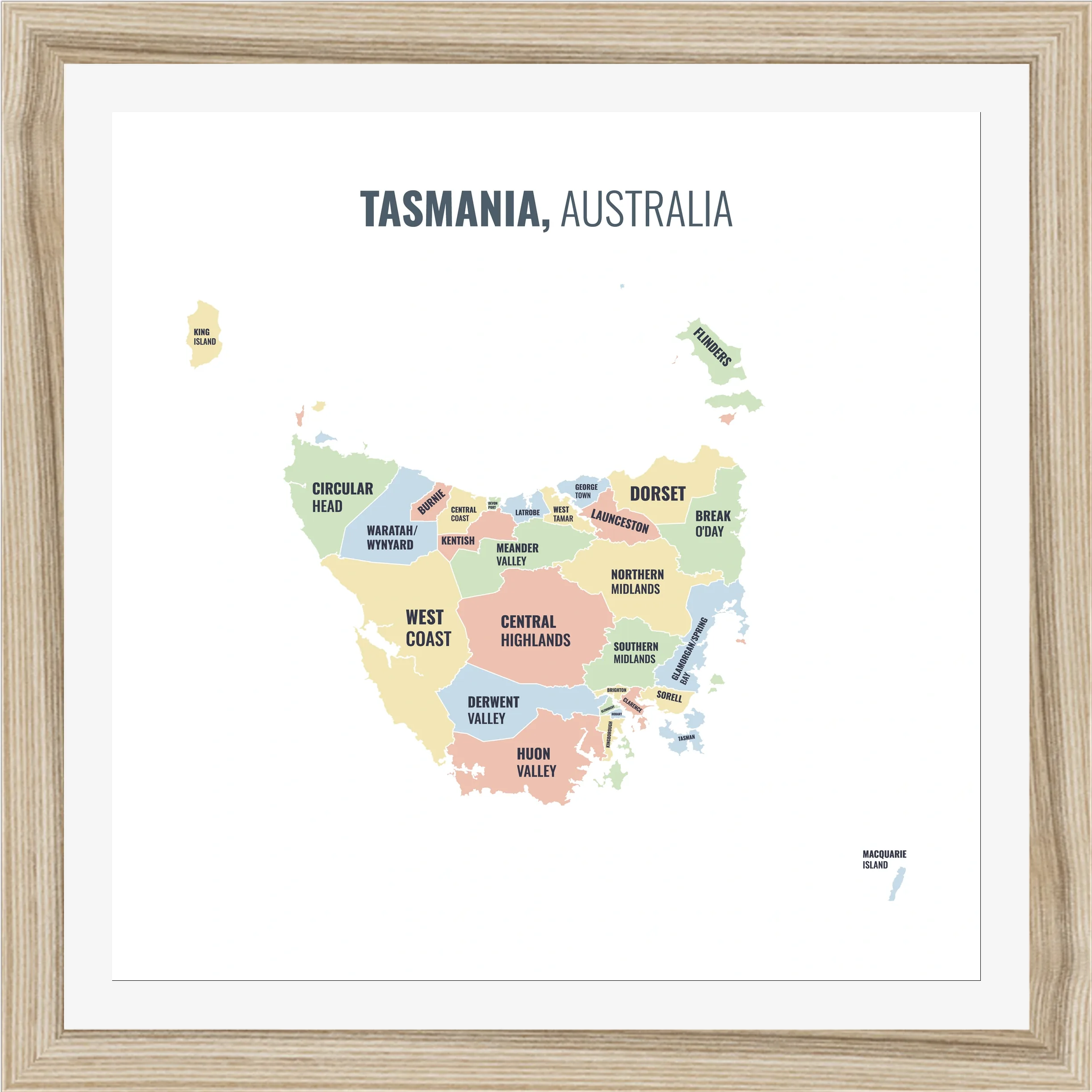 Local government area map of Tasmania, all 30 local government areas named