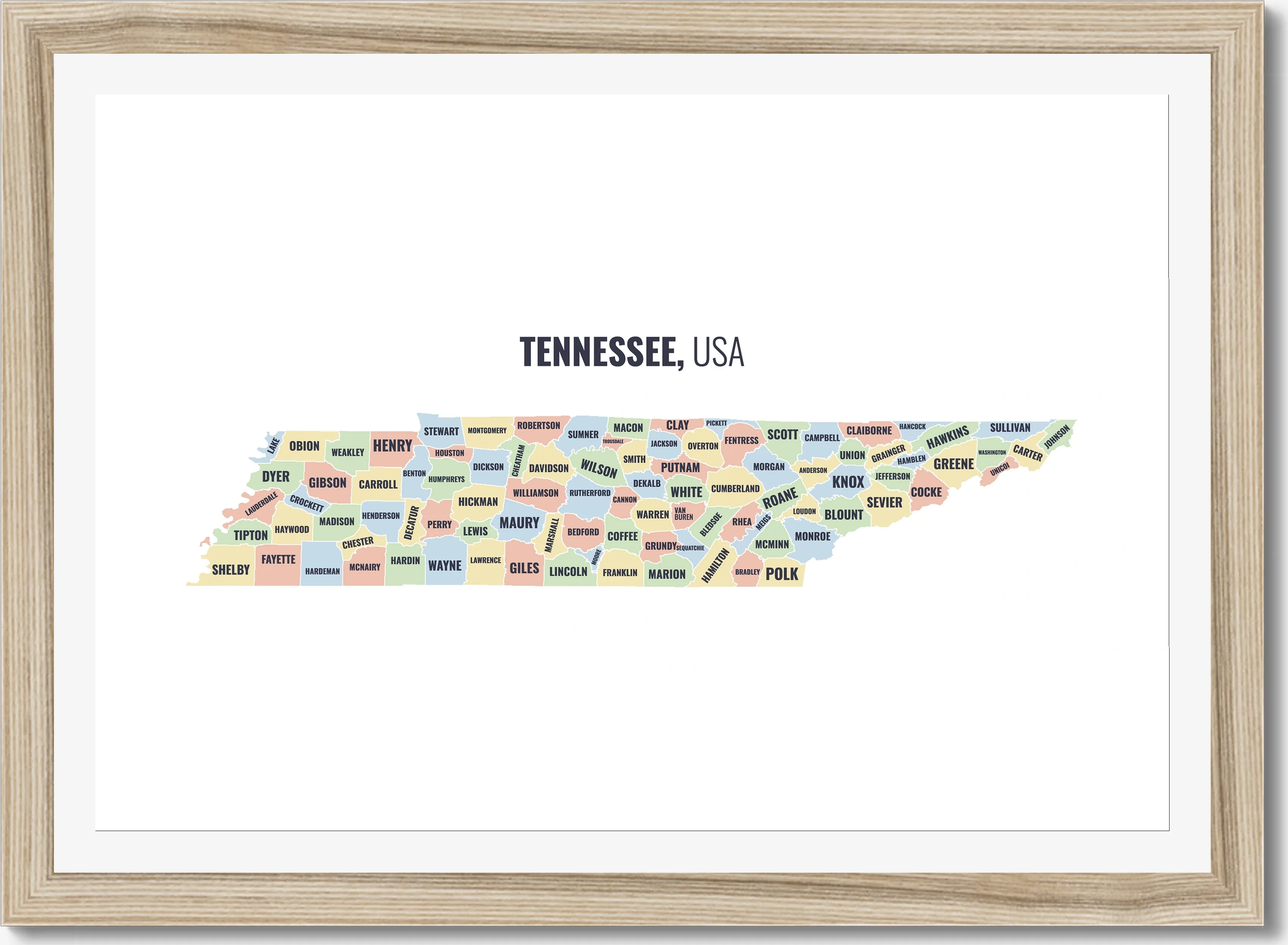 County map of Tennessee, all 95 counties named