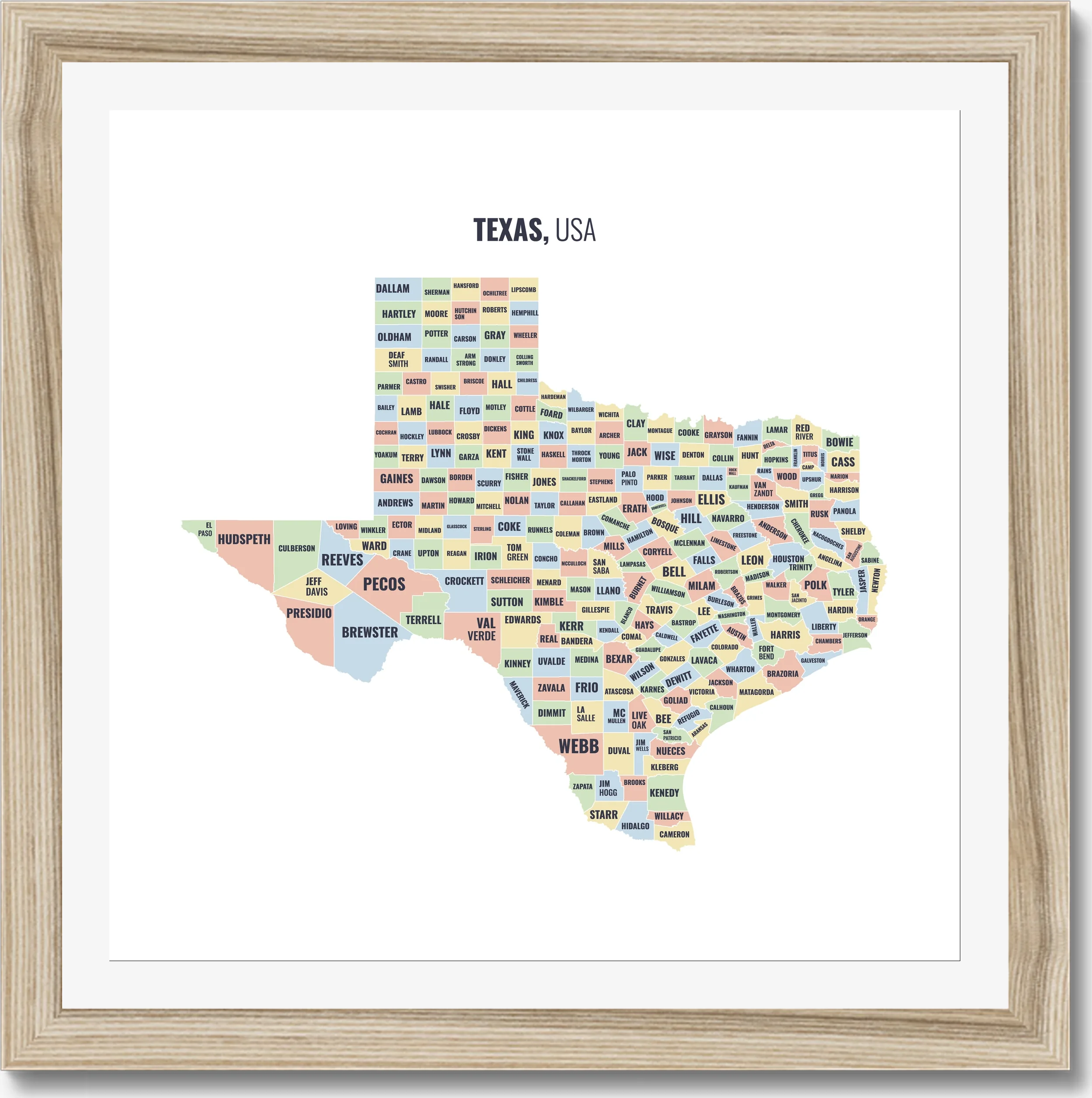 County map of Texas, all 254 counties named