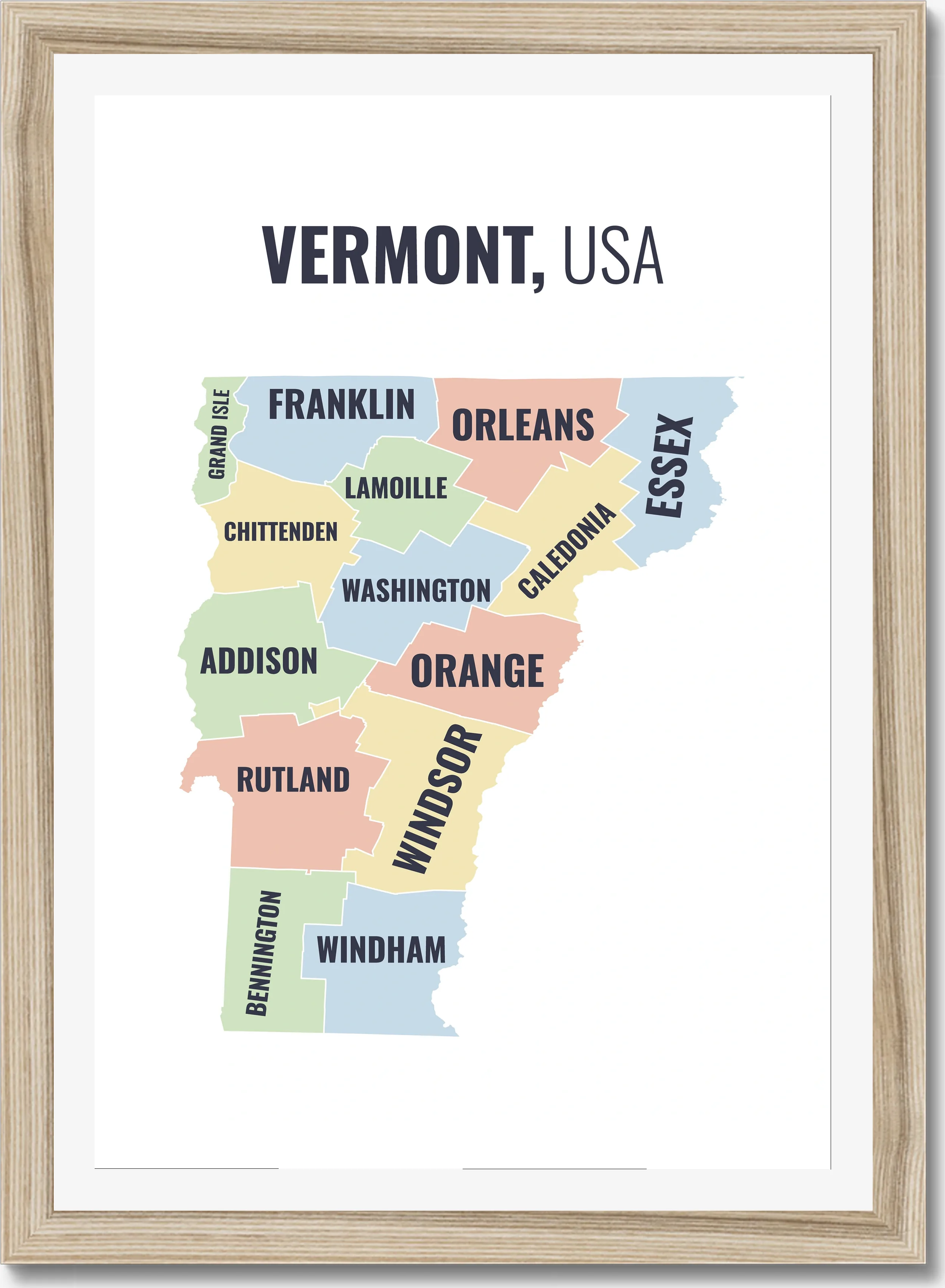 County map of Vermont, all 14 counties named