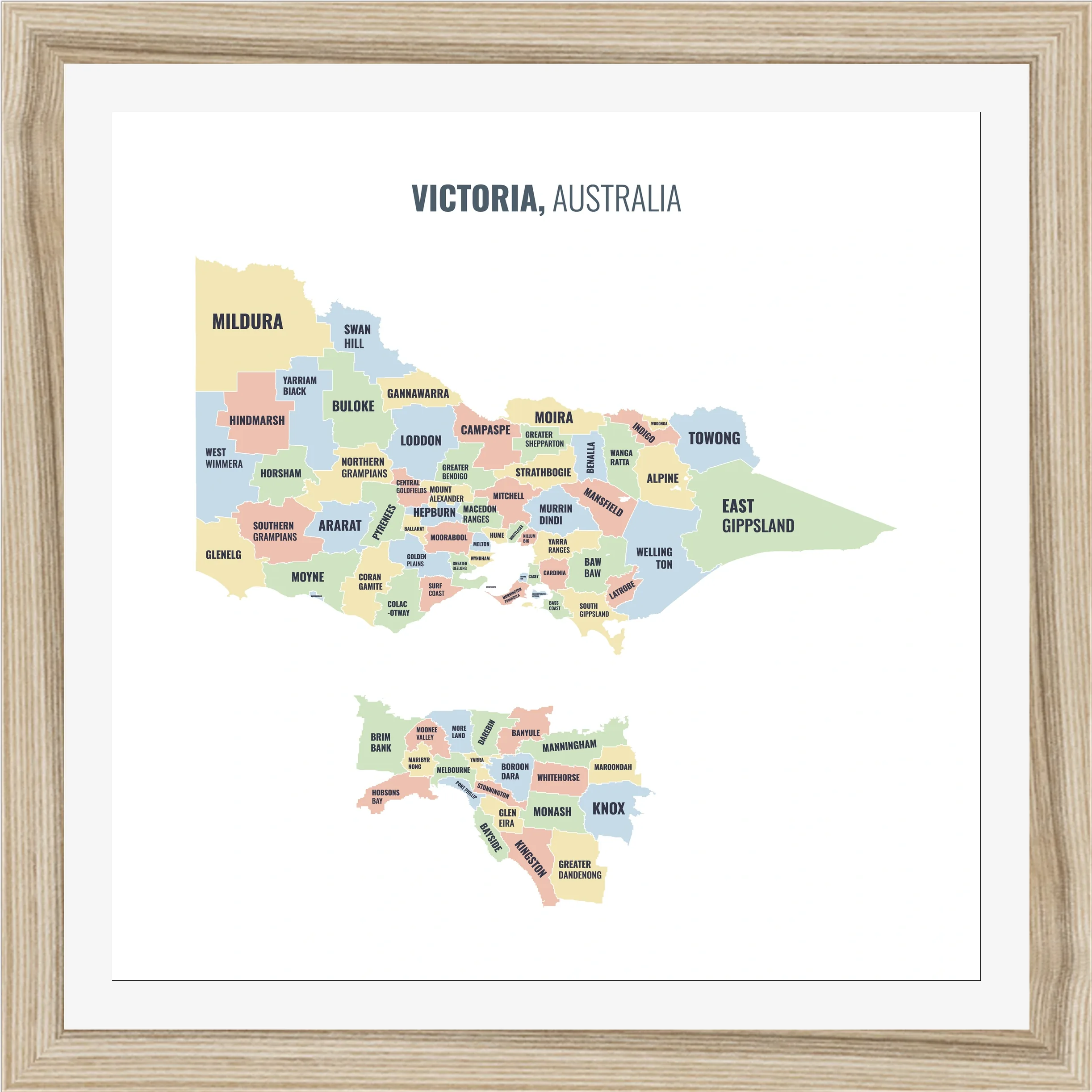 Local government area map of Victoria, all 80 local government areas named